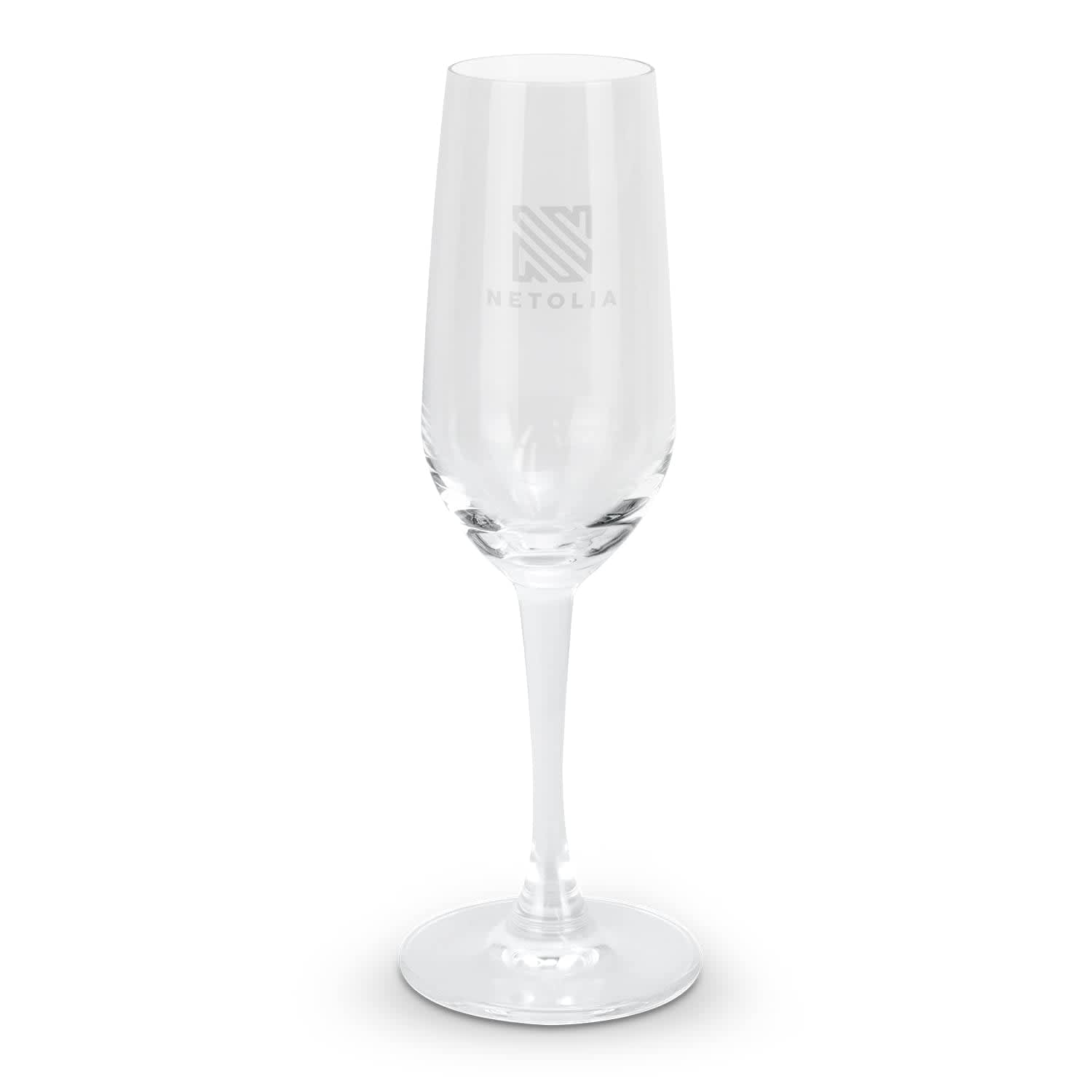 A clear champagne flute featuring a tall stem and a branded logo, perfectly suited for celebrations. Champagne Flute - Image 1