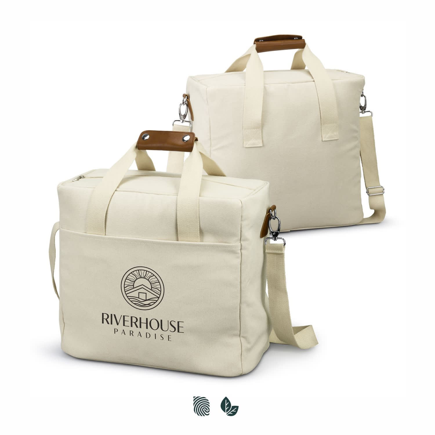 A cream cooler tote bag with dual handles, a detachable shoulder strap, and a logo on the front. Colton Cooler Tote Bag - Image 1