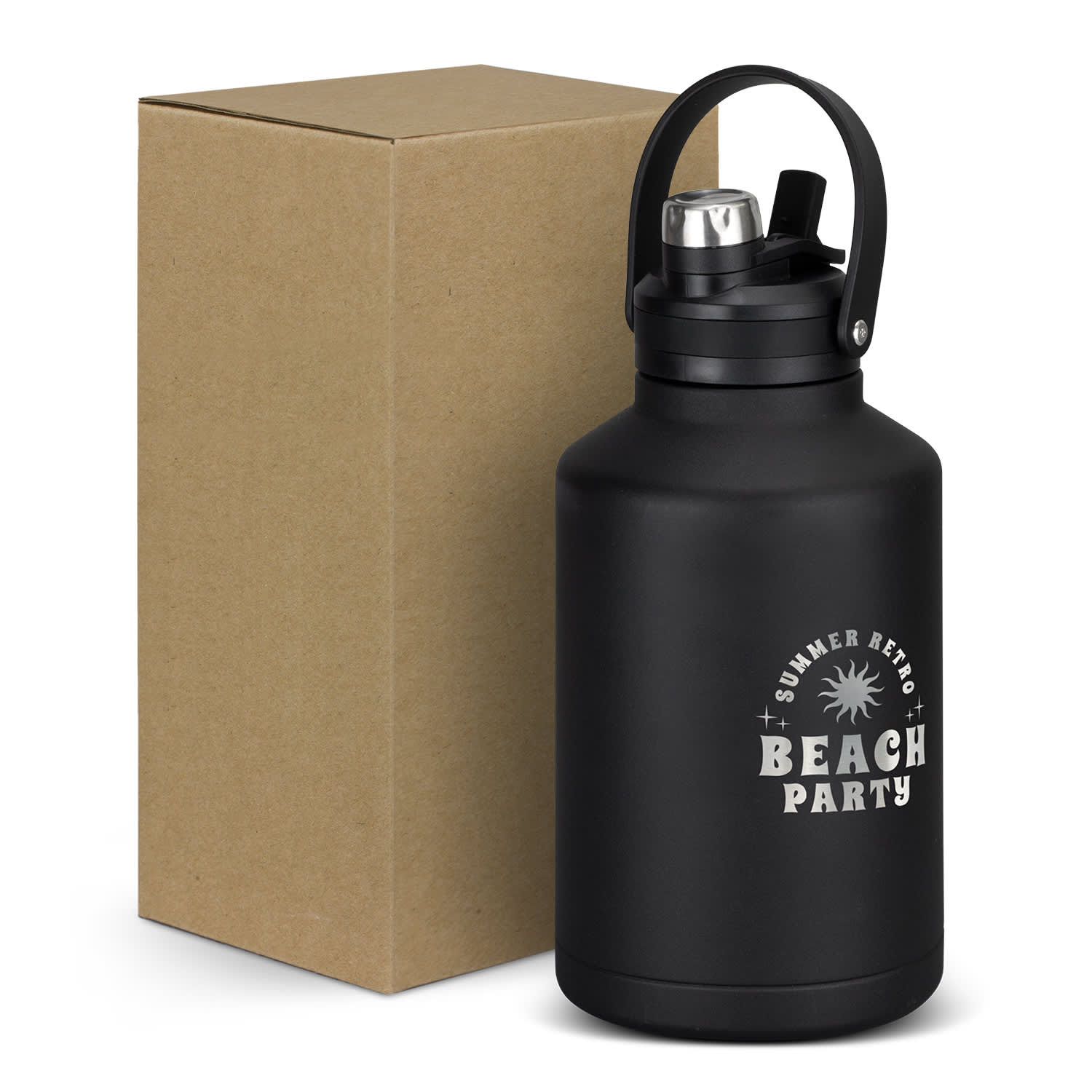 A drink bottle in matte black with a sturdy lid, packaged in a plain brown box. Features a logo. Grizzly Vacuum Bottle - 2L - Image 1