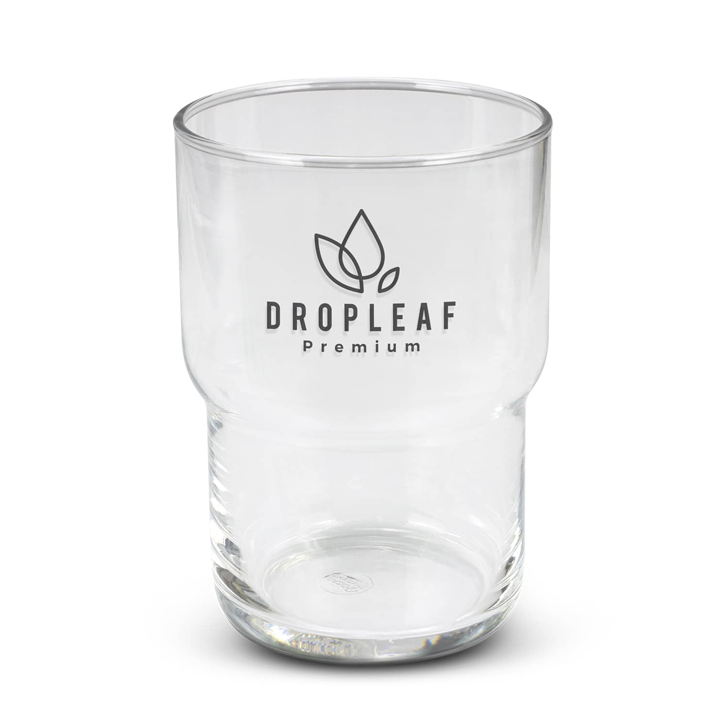 A clear glass tumbler featuring a logo, designed with a stackable shape, holds 460ml. Deco Stackable Glass - 460ml - Image 1