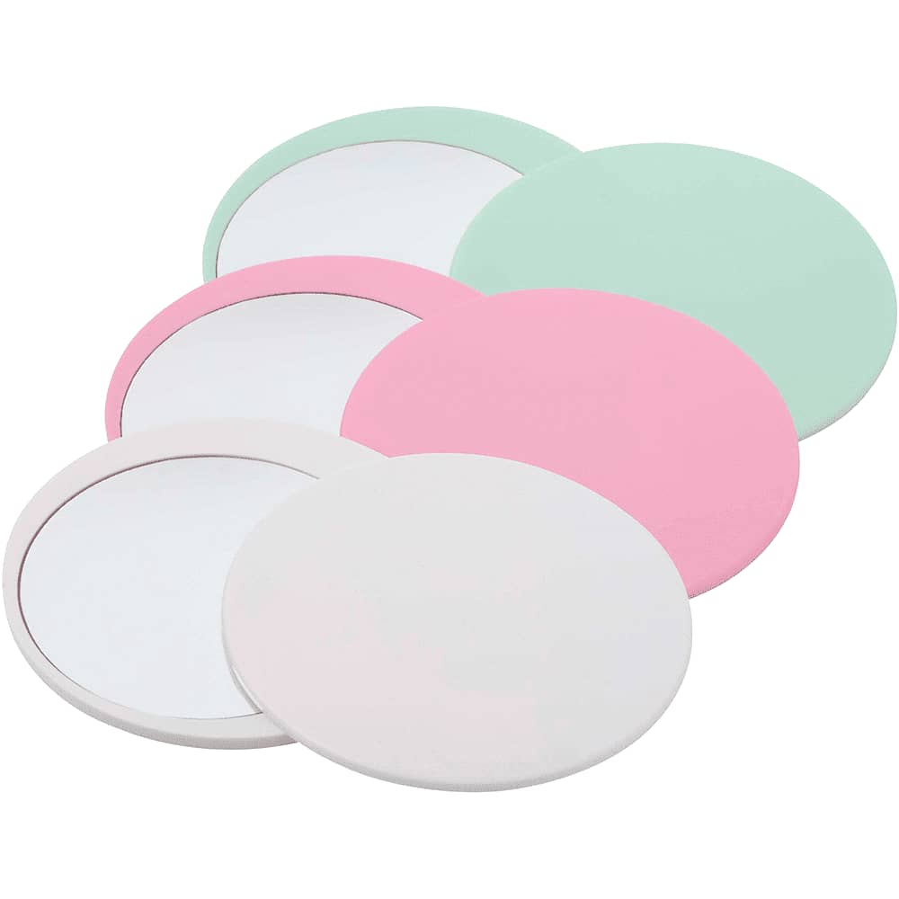 A set of round makeup mirrors in pink, mint green, and white, featuring a glossy finish and branding. Glider Slider Makeup Mirror - Image 1