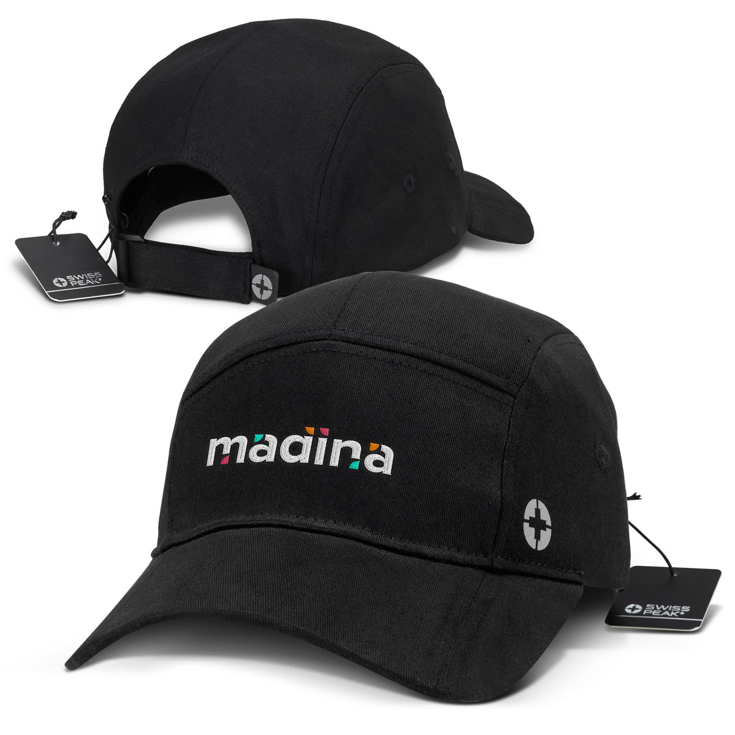 A black 5-panel cap with a logo, featuring a colourful word on the front and an adjustable strap at the back. Swiss Peak 5 Panel Cap - Image 1
