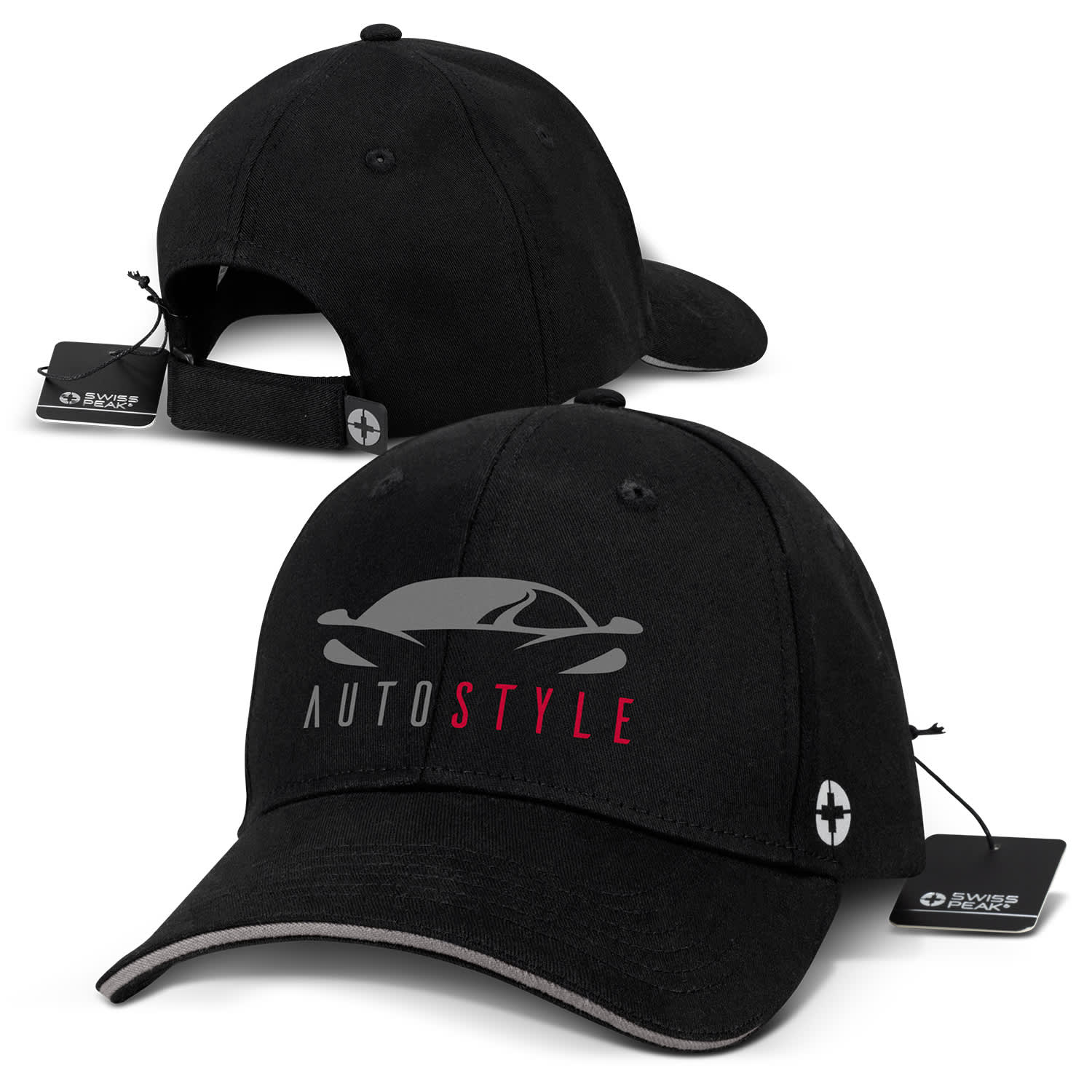 A black six-panel cap featuring a logo, with a curved brim and an adjustable strap at the back. Swiss Peak 6 Panel Cap - Image 1