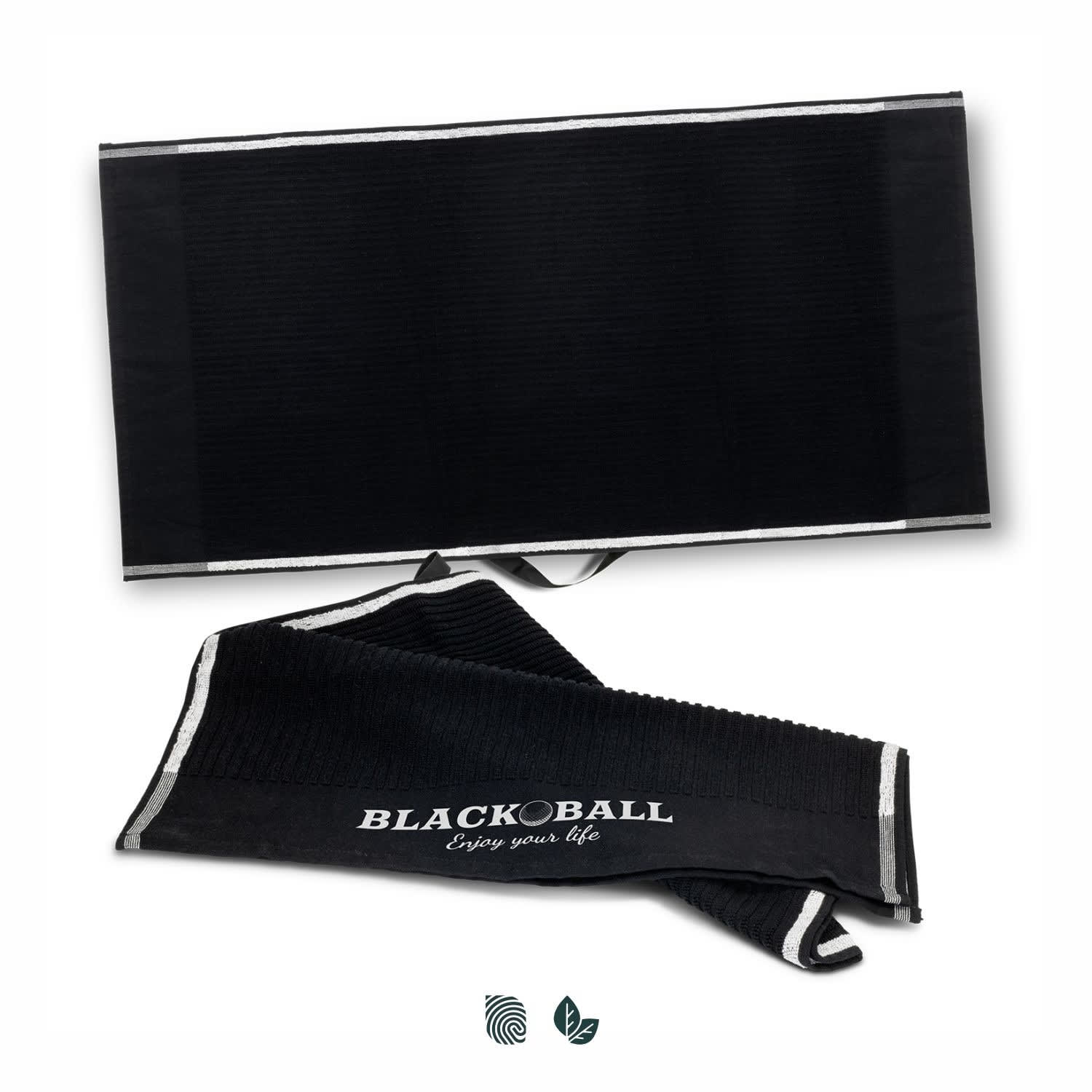 A black golf towel featuring a textured design and a logo. It is folded with a hanging loop. Titleist Players Terry Towel - Image 1