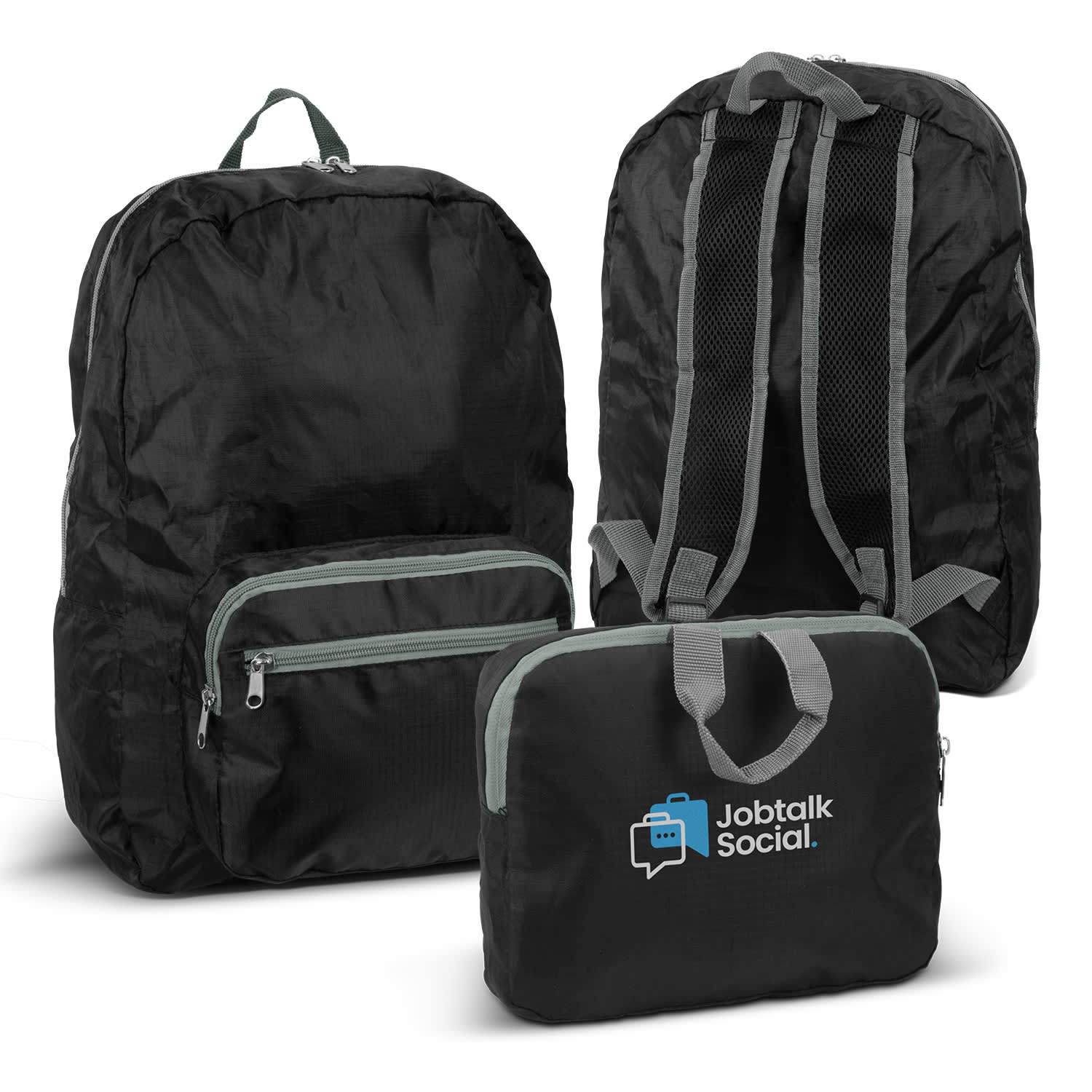 A foldable backpack in black with grey accents, featuring a main compartment, front pocket, and adjustable straps. Origami Foldable Backpack - Image 1