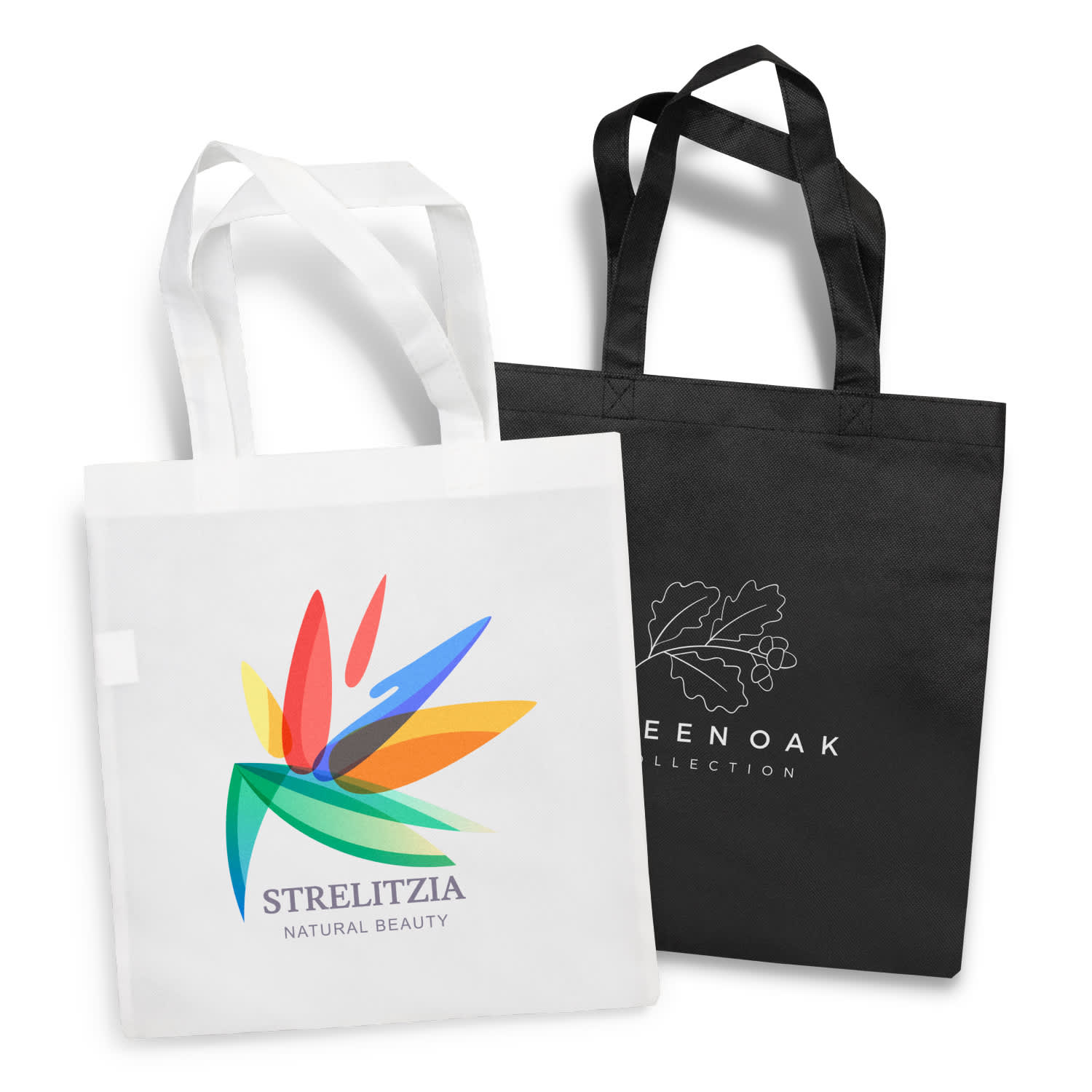 A white tote bag with a multicoloured floral design and a black tote bag featuring a logo. Kennedy Tote Bag - Image 1
