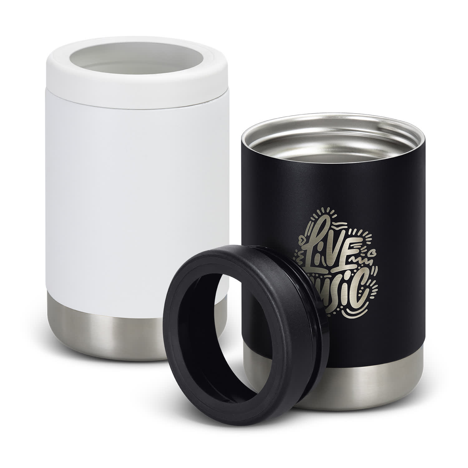 A drink bottle cooler in white and black, featuring a stainless steel base and a removable black ring. Brewski Pro Vacuum Stubby Cooler - Image 1