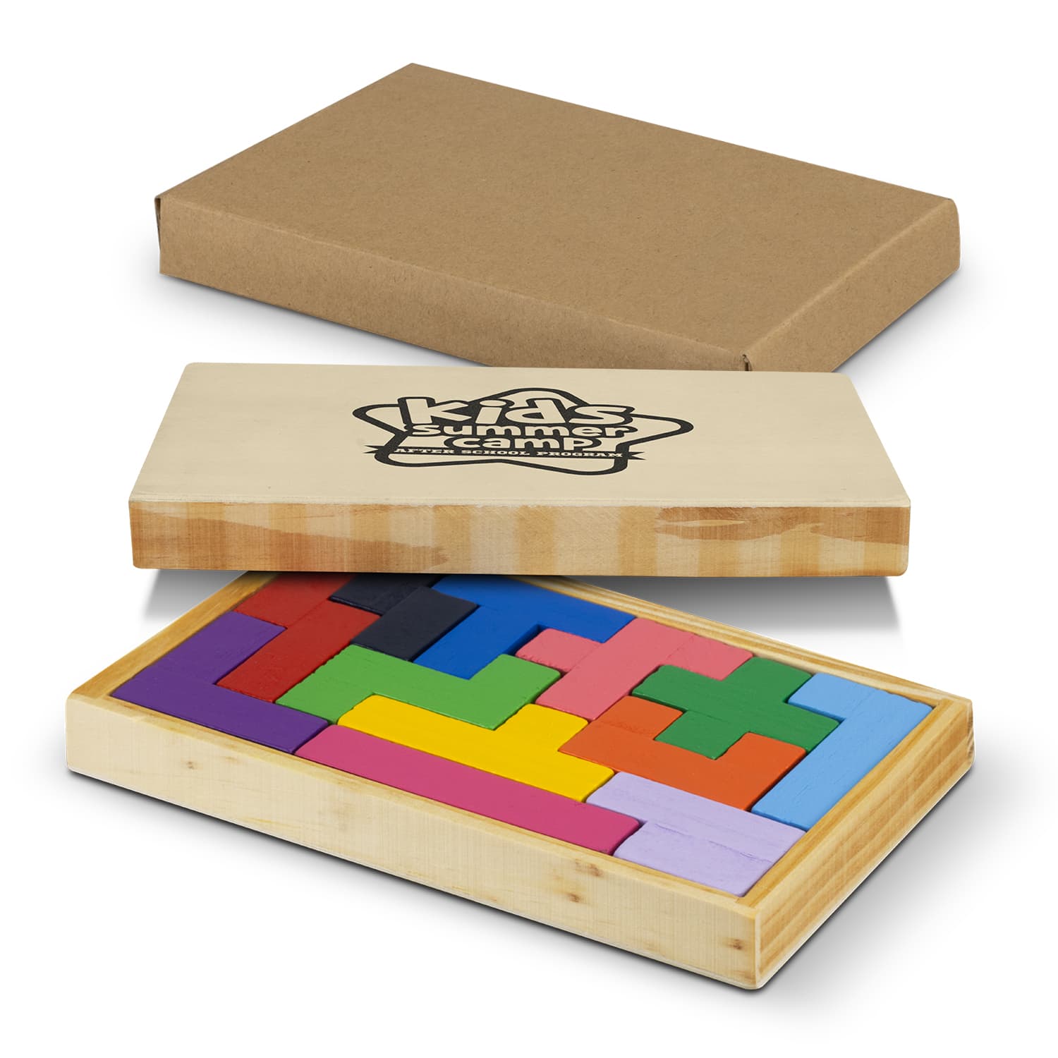 A wooden pentomino puzzle in vibrant colours, displayed in a rectangular box with a logo on the lid. Pentomino Wooden Puzzle - Image 1
