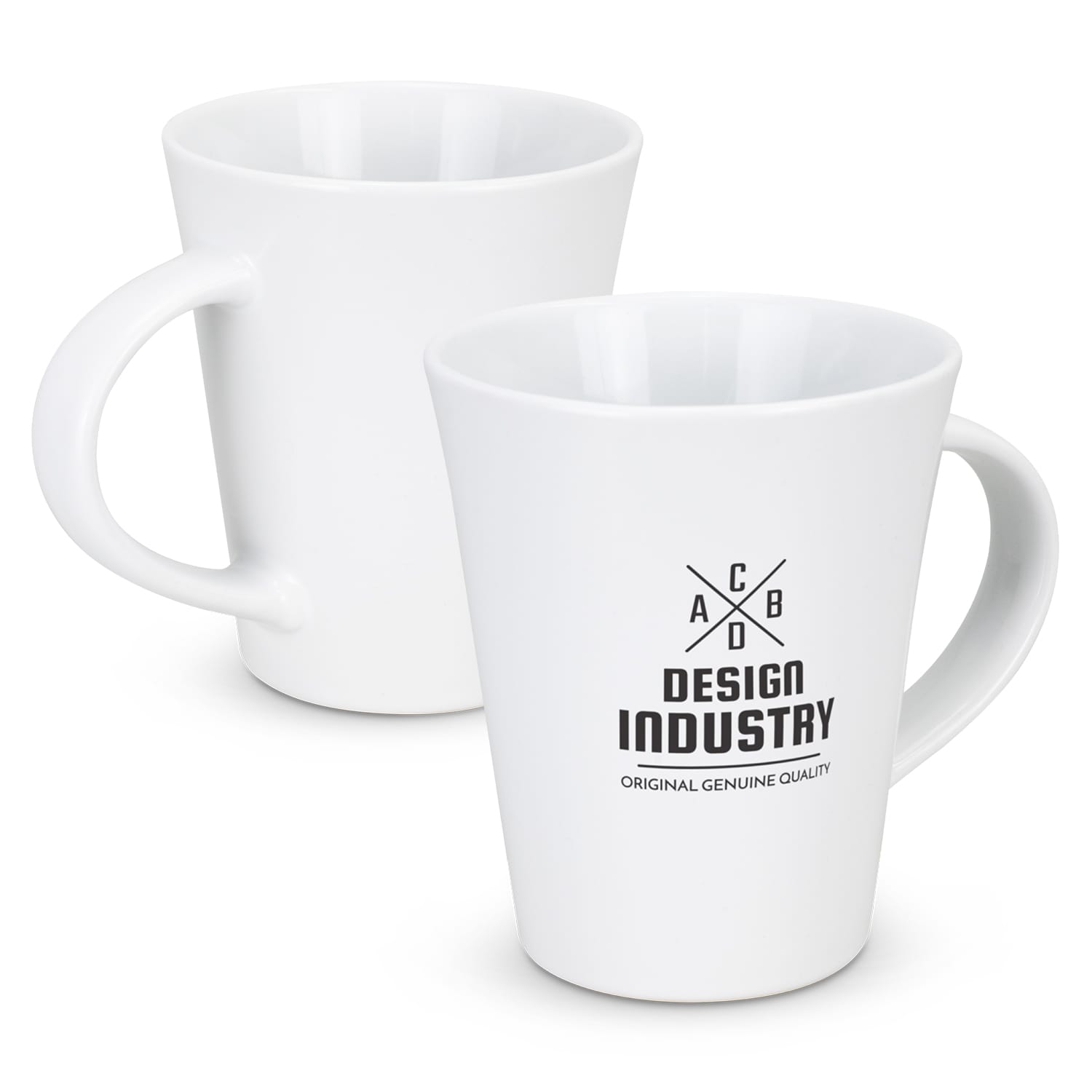 A white coffee mug with a tapered design and a logo printed on the side. Vienna Coffee Mug - Image 1