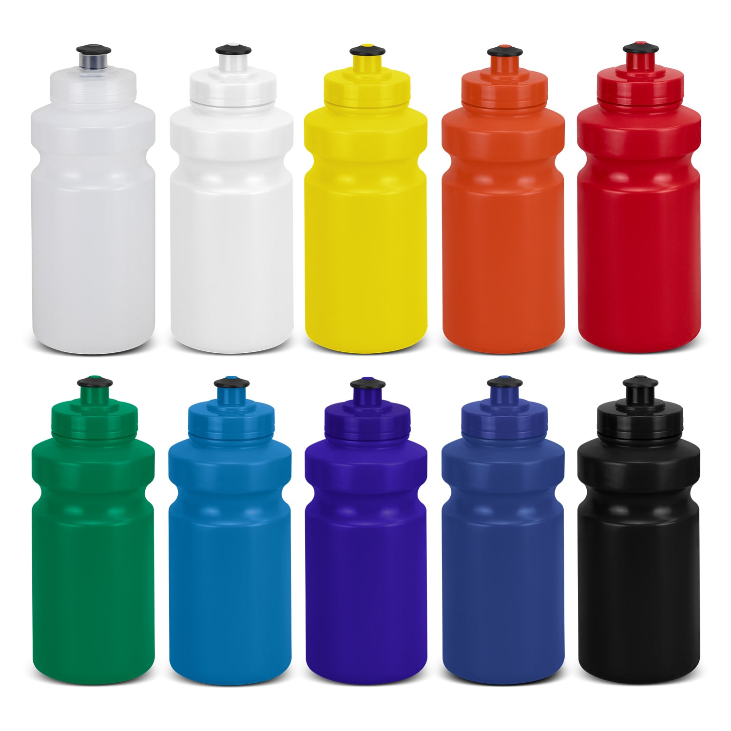 A drink bottle collection featuring white, yellow, red, orange, green, blue, and black colours, each with a black lid. Trail Bottle - Image 1
