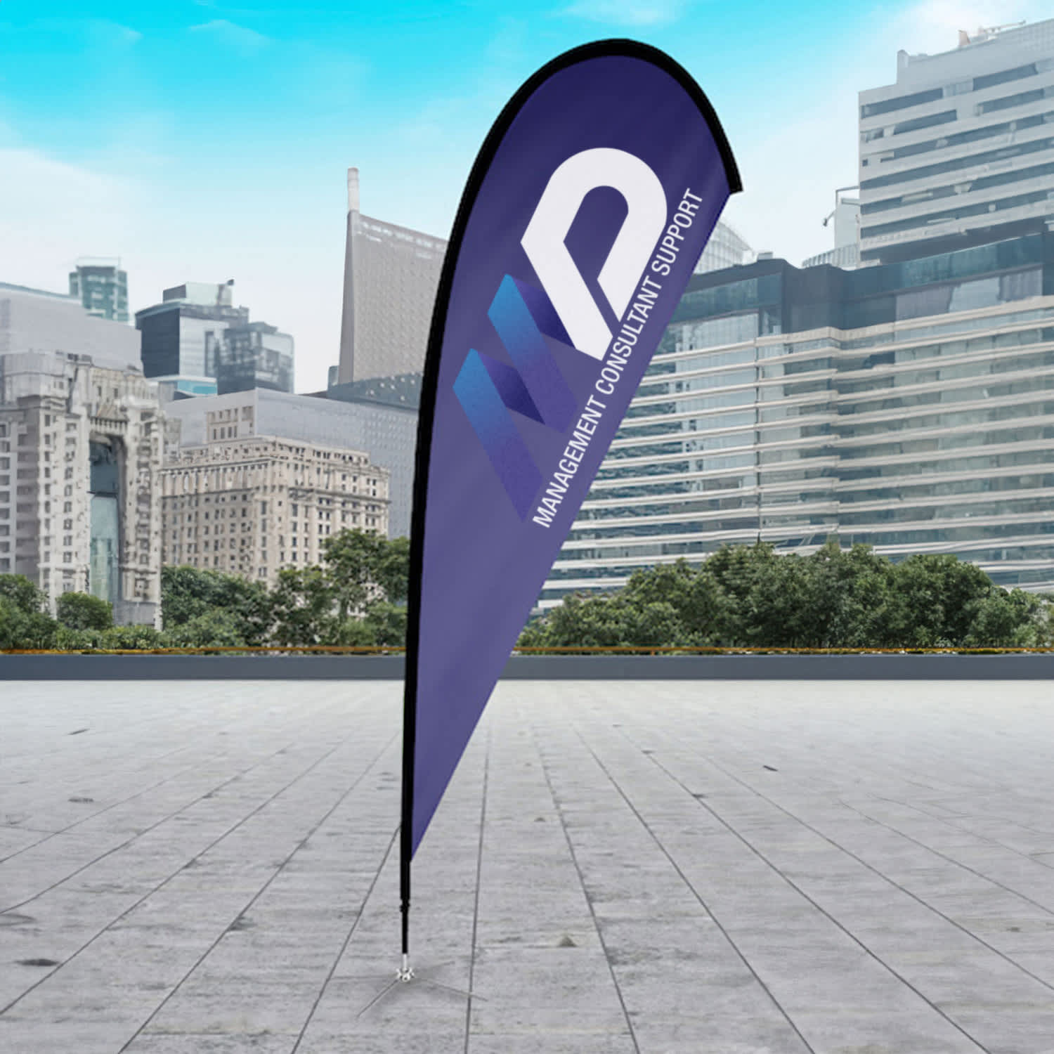 A large tear drop flag kit in purple with a logo, set against a modern cityscape background. Large Tear Drop Flag Kit - Image 1