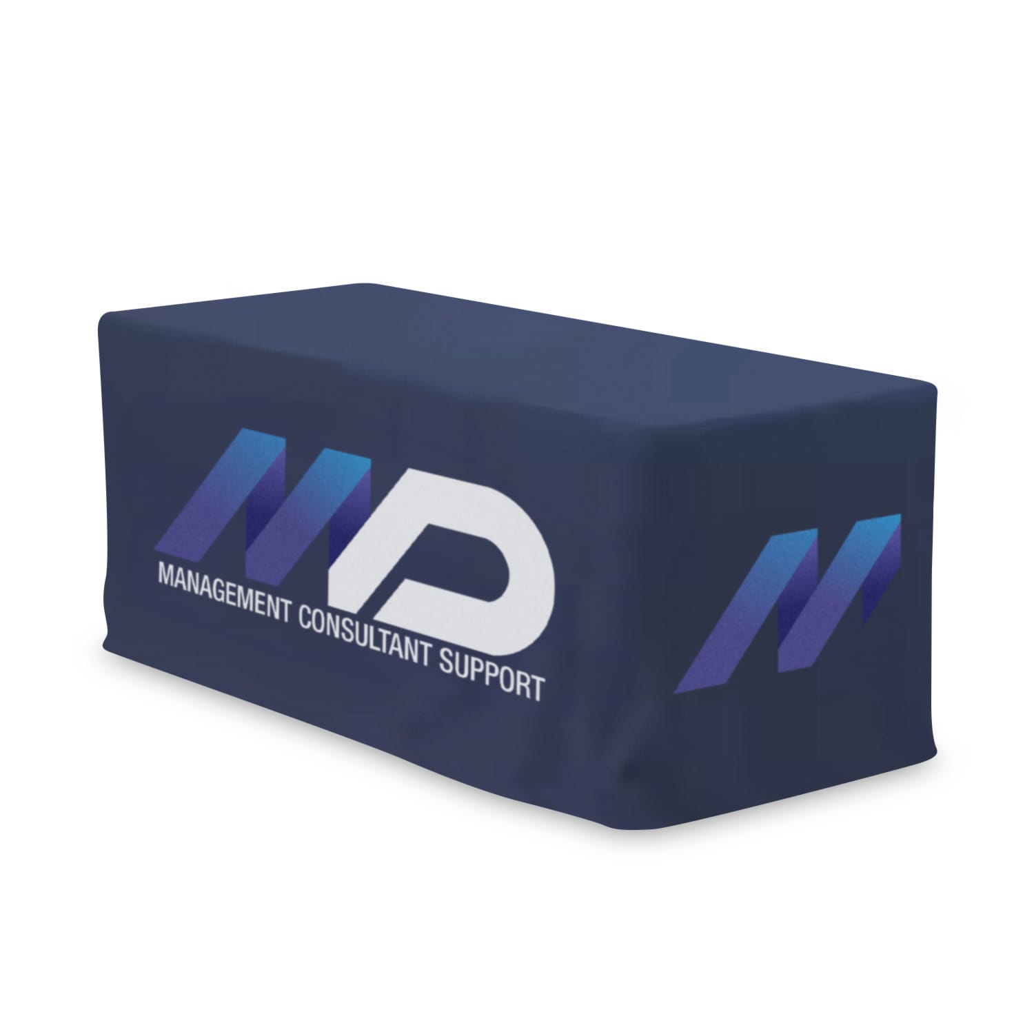 A fitted table cover in navy blue with a logo, designed for a 4-foot table. 8 Foot Table Cover Fitted - Image 1