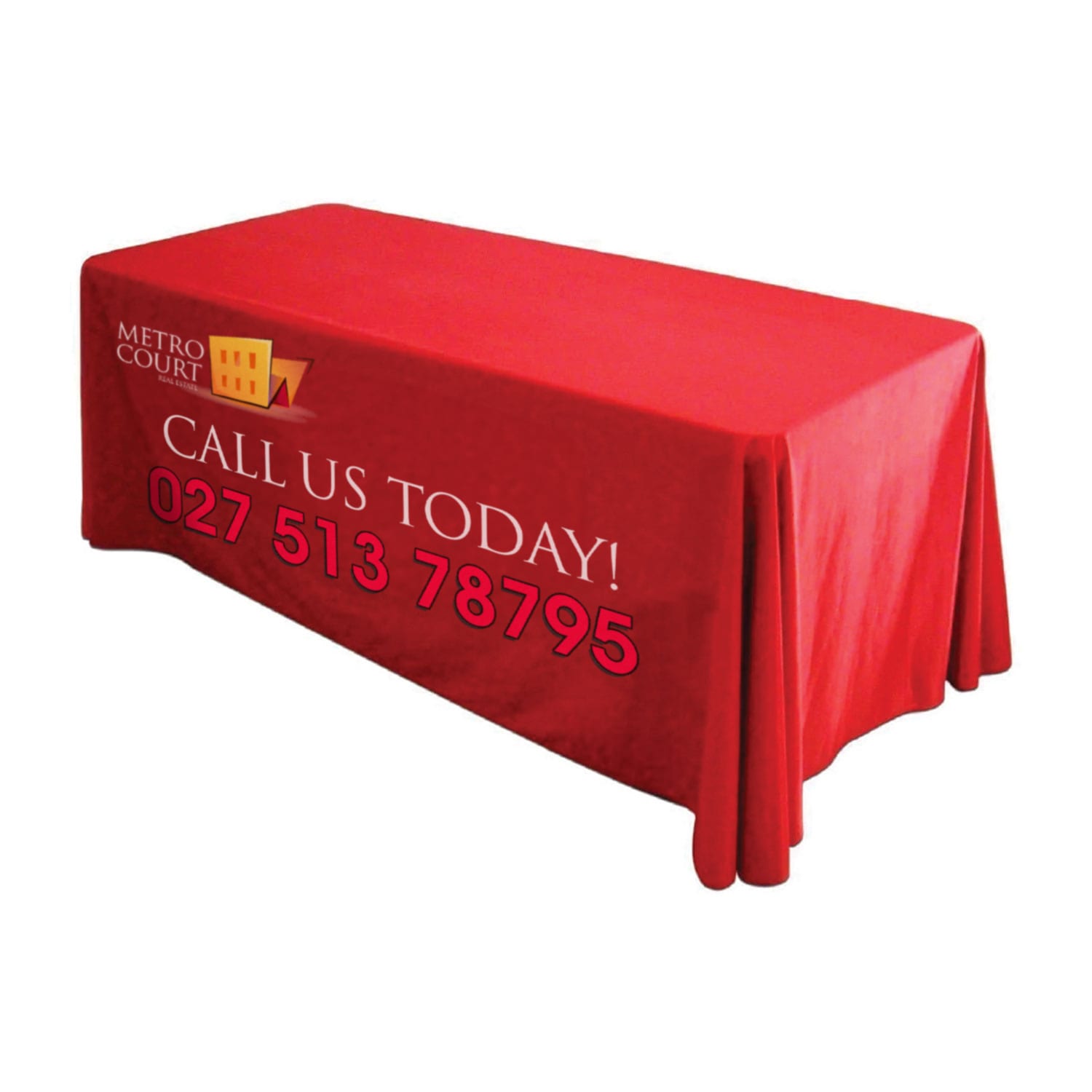 A red table cover throw for a 6-foot table featuring a logo and promotional text. 6 Foot Table Cover Throw - Image 1