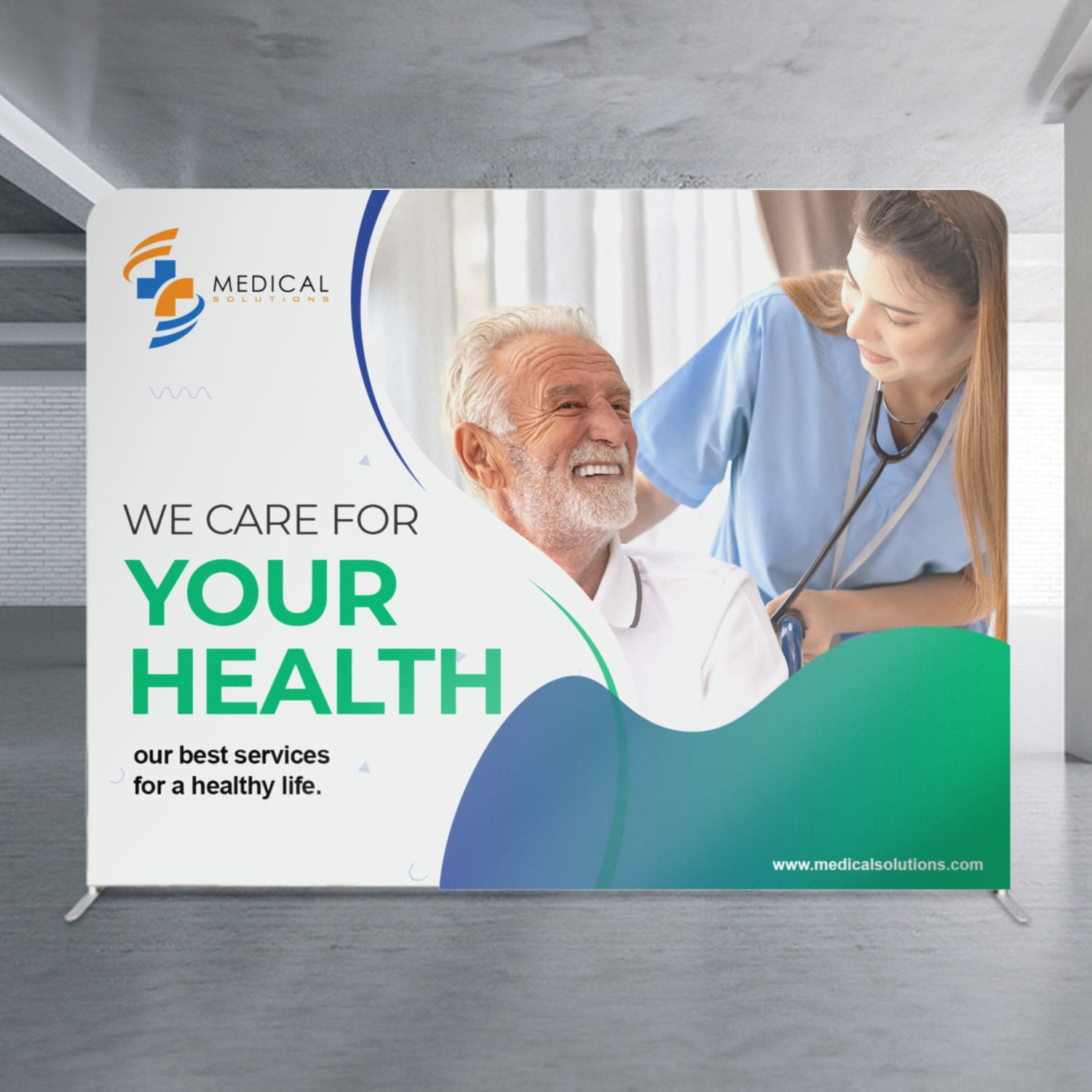 A small media wall featuring a smiling elderly man with a healthcare professional, in green and blue tones, with a logo. Straight Stretch Media Wall Small - Image 1