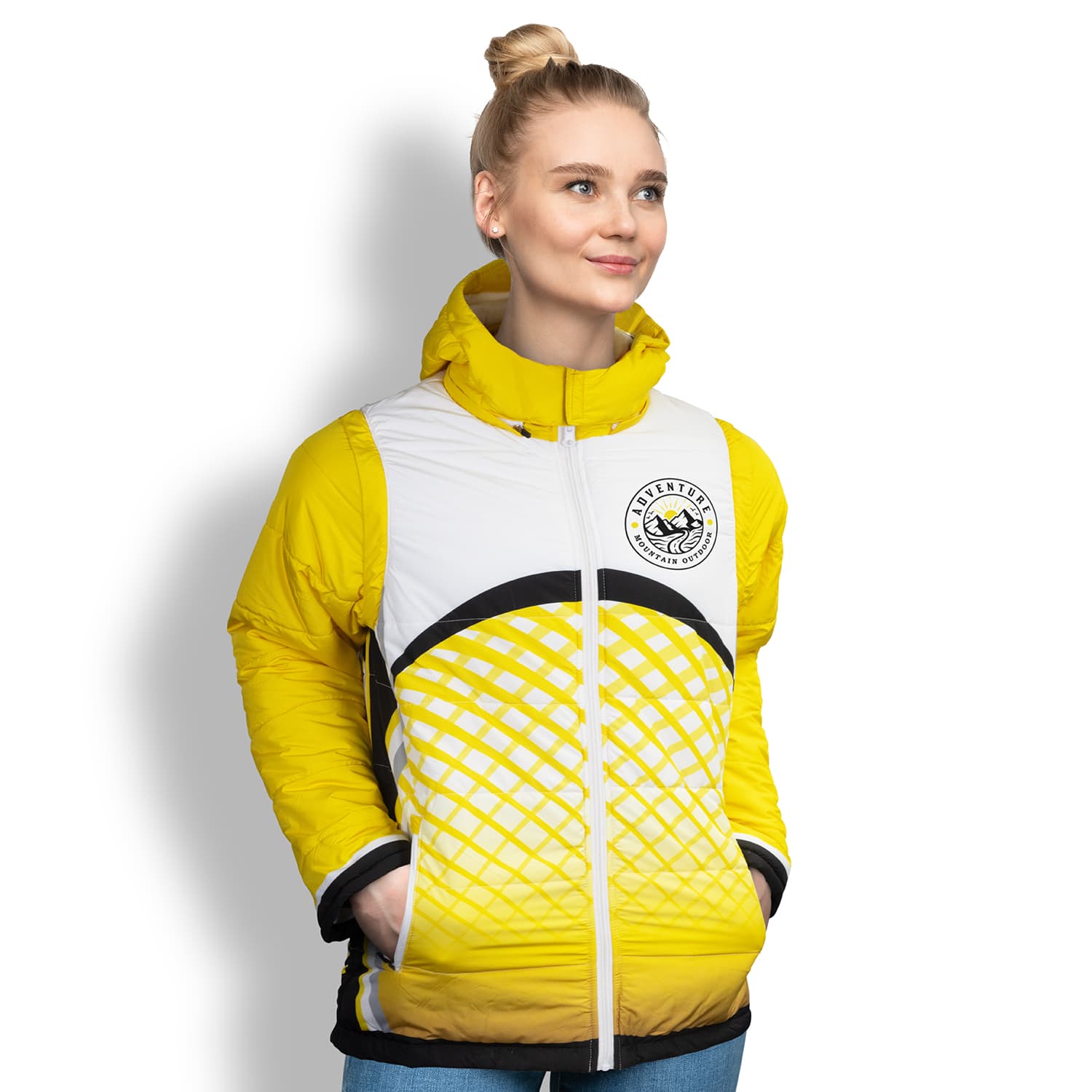 A puffer jacket in yellow and white, featuring a geometric design and a hood, with a branded logo on the chest. Custom Reversible Puffer Jacket - Image 1