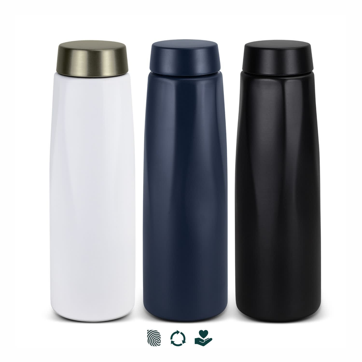 A drink bottle trio featuring a white bottle with a metallic lid, a navy bottle, and a matte black bottle. Each has a sleek design and branding. SPICE Calypso Bottle - 500ml - Image 1