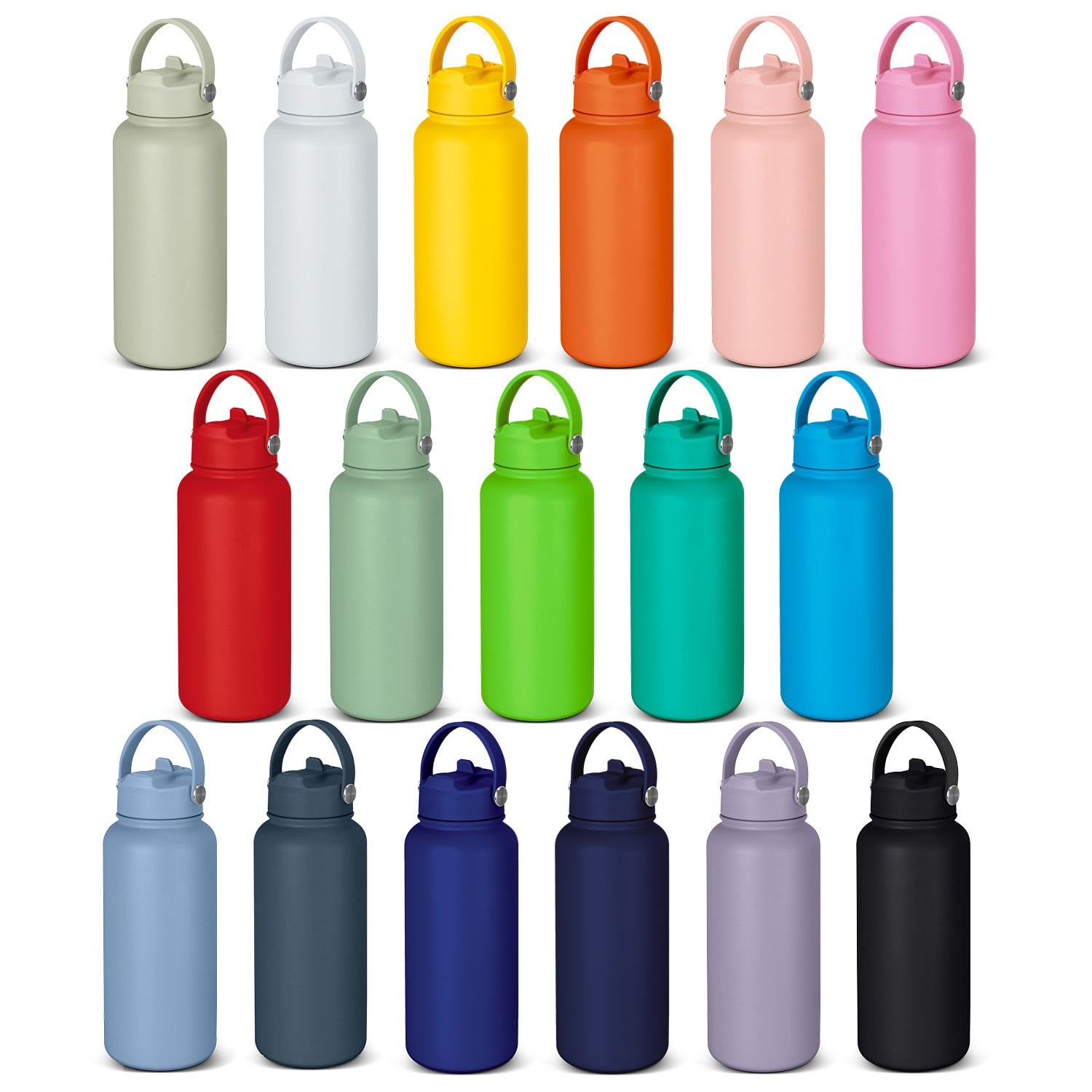 A drink bottle collection featuring various colours, including grey, white, yellow, orange, pink, green, and blue, with a logo. Compadre Vacuum Bottle - Image 1