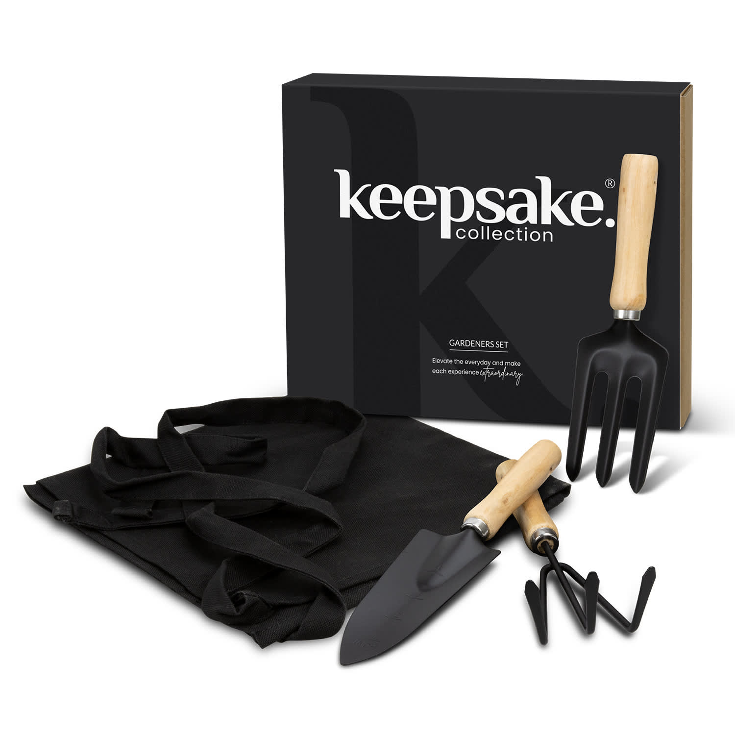 A black gardening set featuring a trowel, hand rake, and a storage bag with wooden handles, packaged in a sleek box. Keepsake Gardeners Set - Image 1