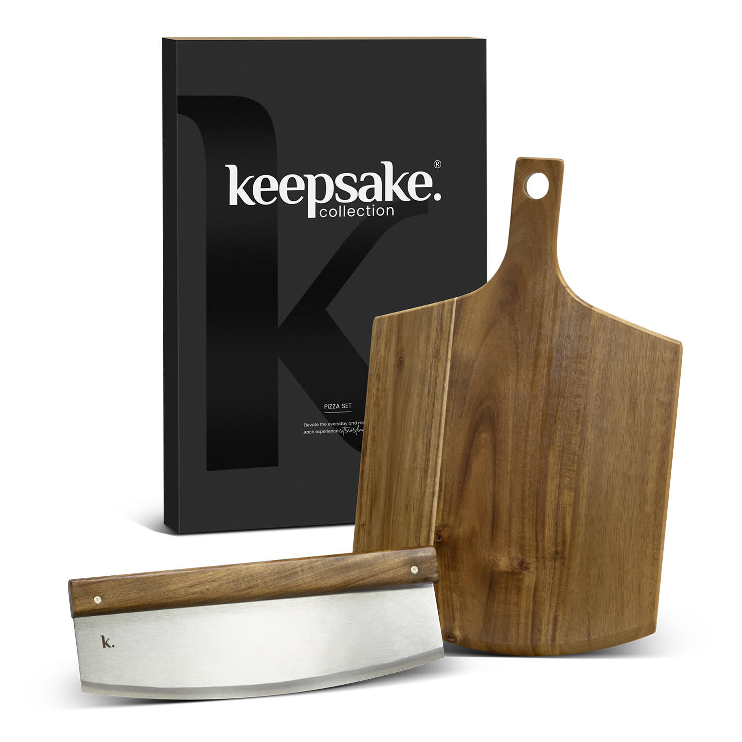 A wooden cheese board and knife set, featuring a stainless steel blade, packaged in a sleek black box with a logo. Keepsake Pizza Set - Image 1