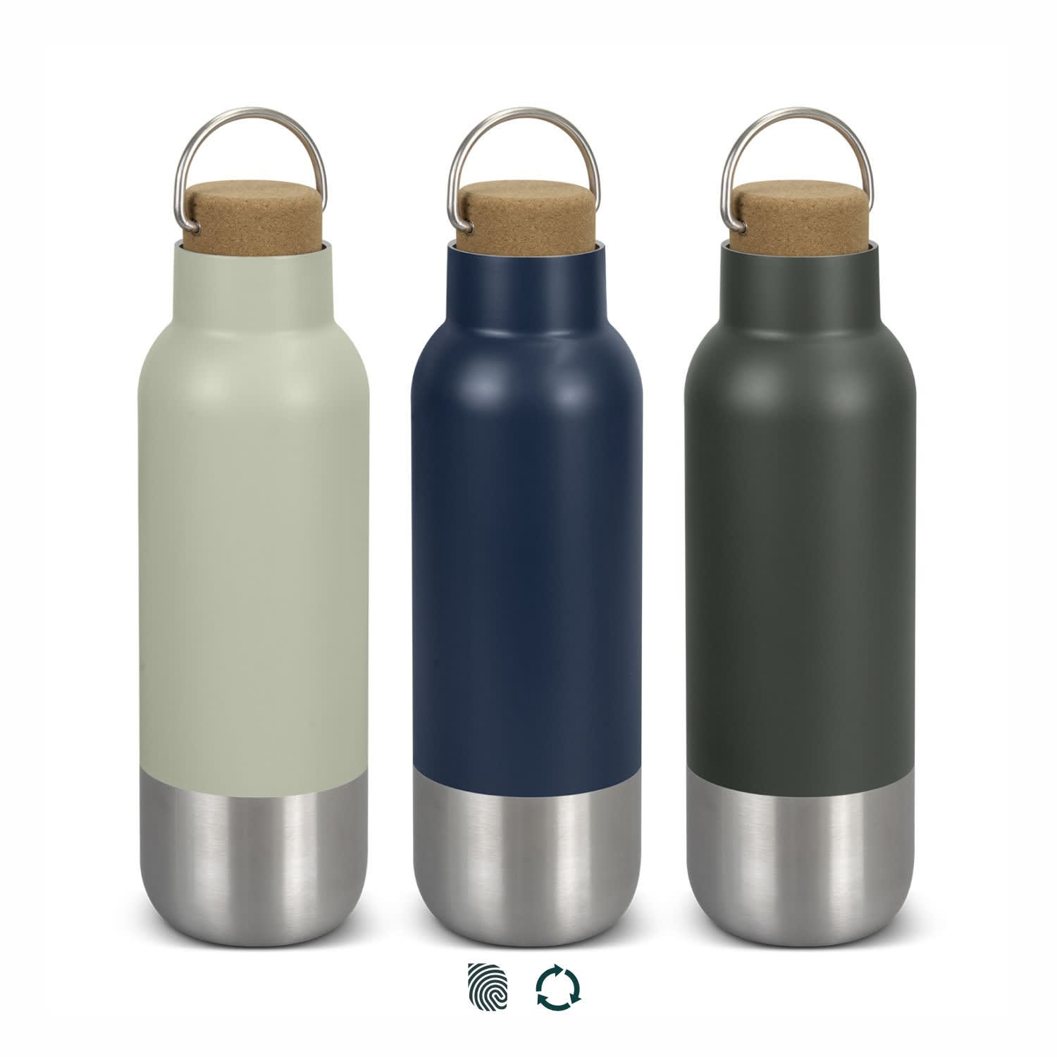 A drink bottle set featuring three models in green, navy, and dark grey with stainless steel bases and cork lids. Wynn Vacuum Bottle - Image 1