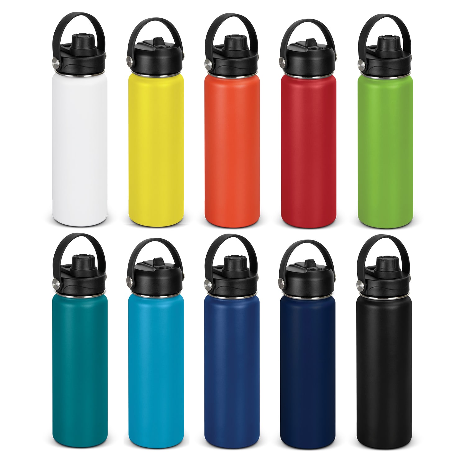 A collection of vacuum bottles in various colours, including black, red, yellow, orange, blue, and white. Each has a handle and a logo. Kinmont Vacuum Bottle - Image 1