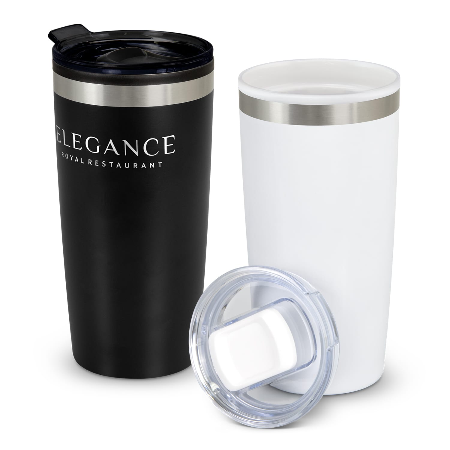 A double wall cup in black and white with a stainless steel rim and a clear lid, displaying a logo. Altona Double Wall Cup - Image 1