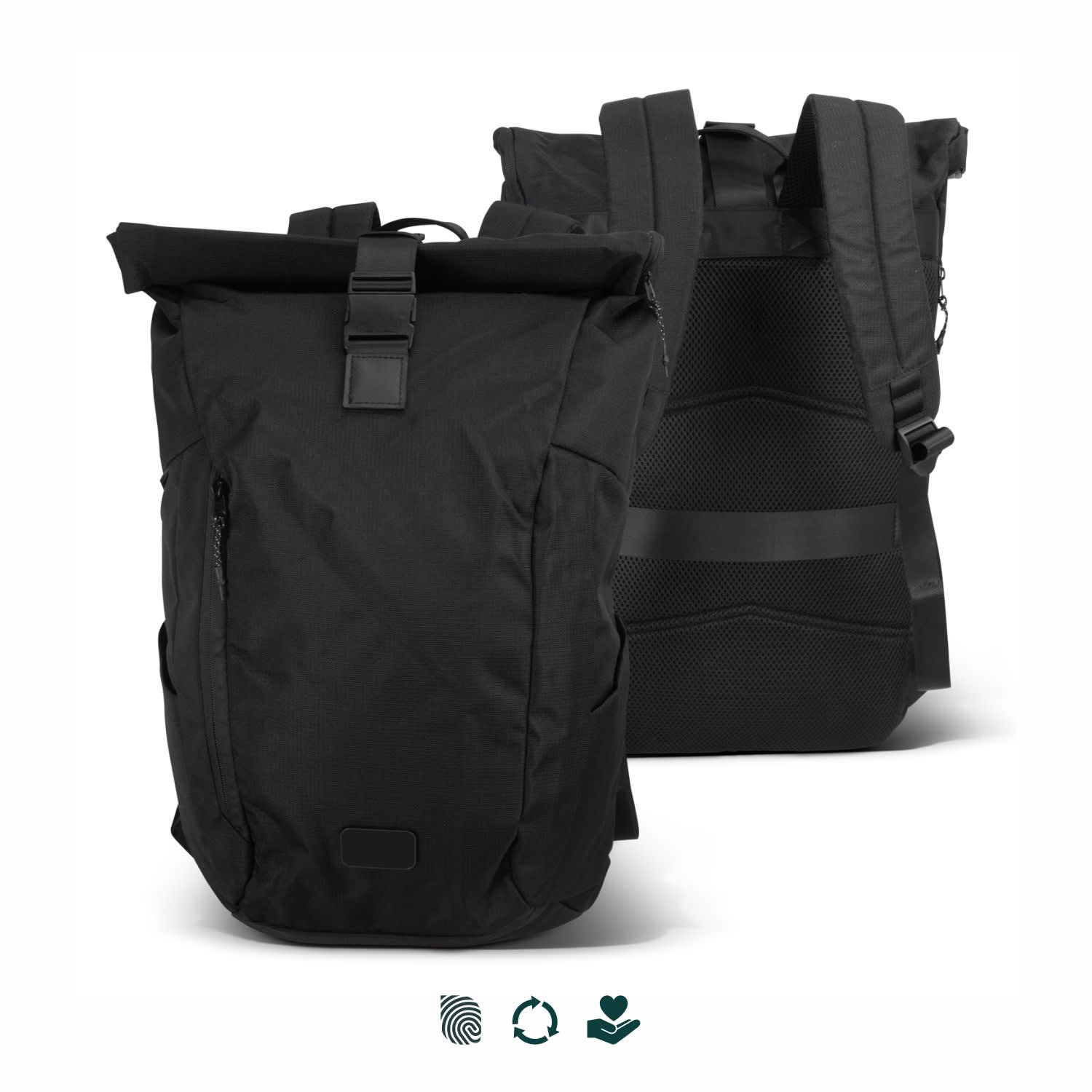 A black roll-up computer backpack featuring multiple compartments and adjustable straps. Includes a logo on the front. SPICE Waste2Gear Roll Up Computer Backpack - Image 1
