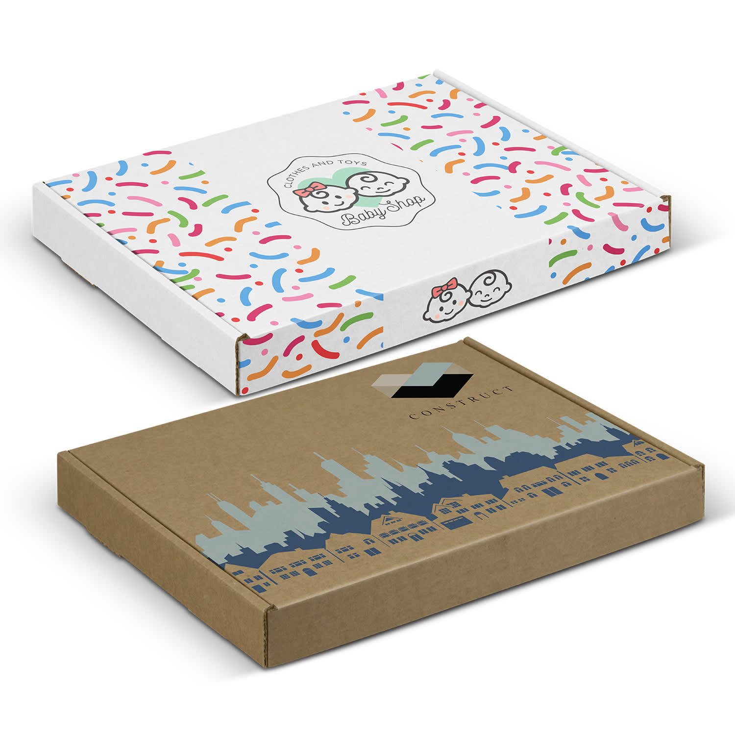 A white die cut box with colourful confetti pattern on top and a brown box featuring a city skyline design. Die Cut Box with Locking Lid - 230x165x22mm - Image 1