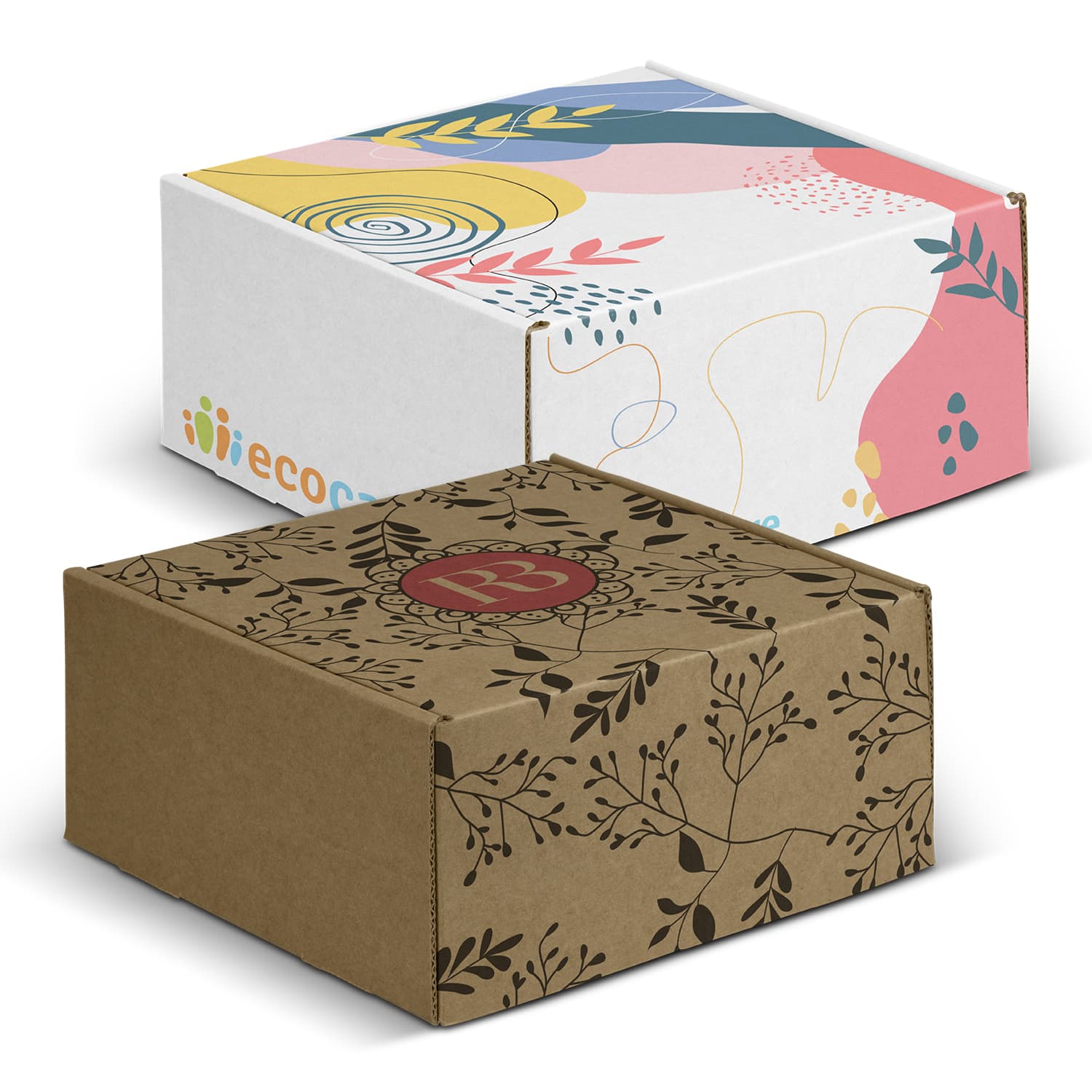 Two die cut boxes with locking lids; one features a colourful design, while the other is a brown kraft box with floral patterns. Die Cut Box with Locking Lid - 167x167x83mm - Image 1