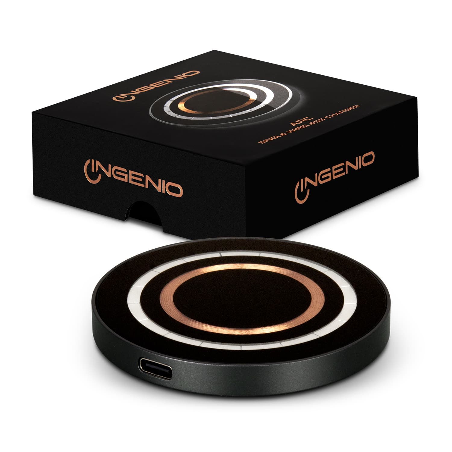 A wireless charger in black, featuring a circular design with metallic accents, alongside its packaging. INGENIO Arc Single Wireless Charger - Image 1