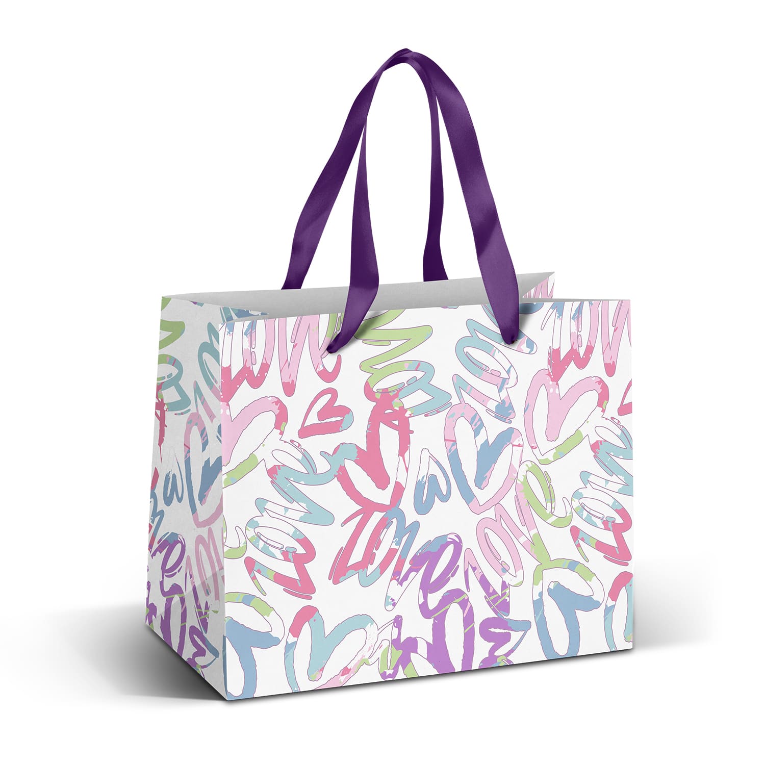 A medium paper bag with a multi-coloured heart and swirl design, featuring purple ribbon handles. Medium Ribbon Handle Paper Bag - Full Colour - Image 1