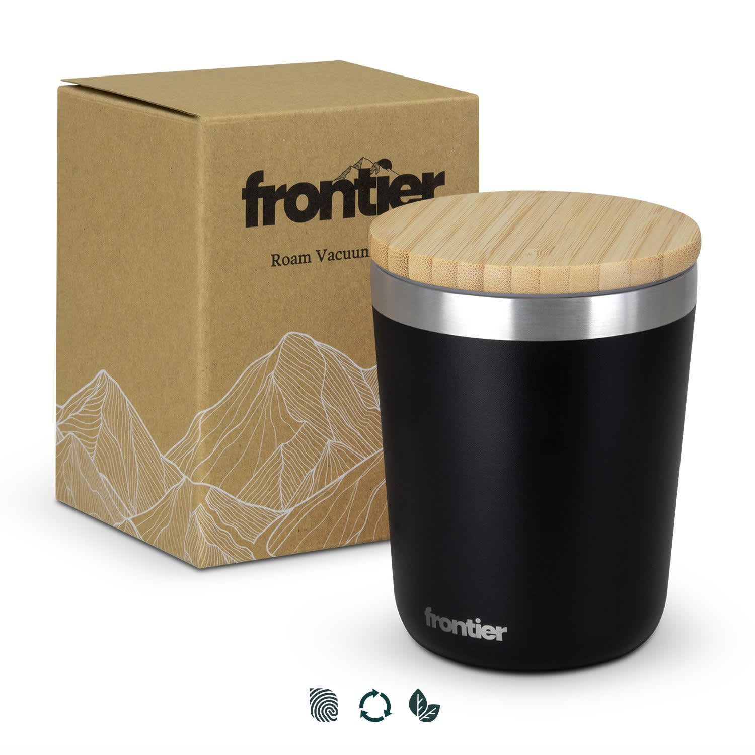 A drink bottle in black with a wooden lid, presented alongside a simple cardboard box with a logo. Frontier Roam Vacuum Cup - Image 1