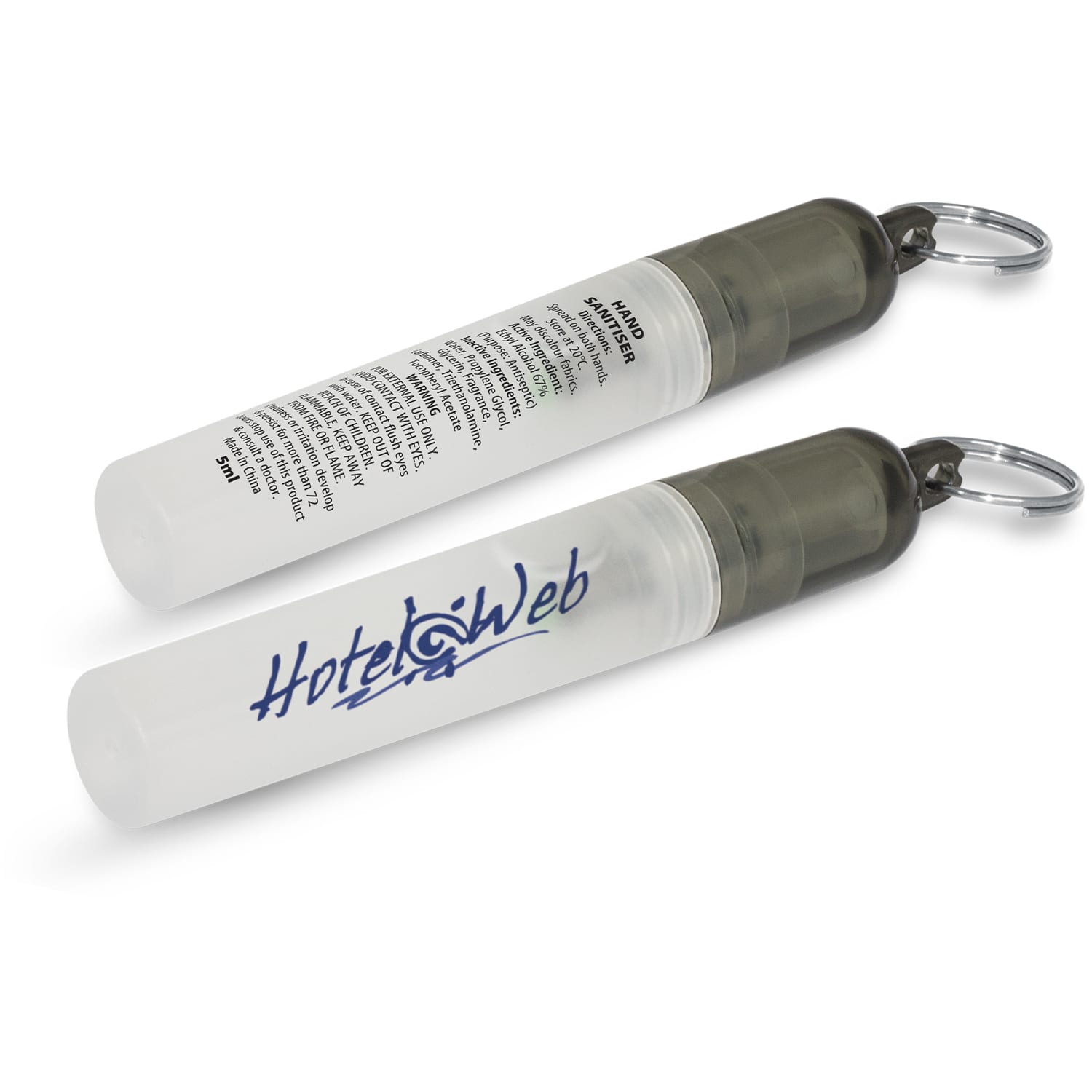 A mini hand sanitiser key ring in a clear bottle with a grey cap, featuring a logo on one side. Mini Hand Sanitiser Key Ring - Image 1