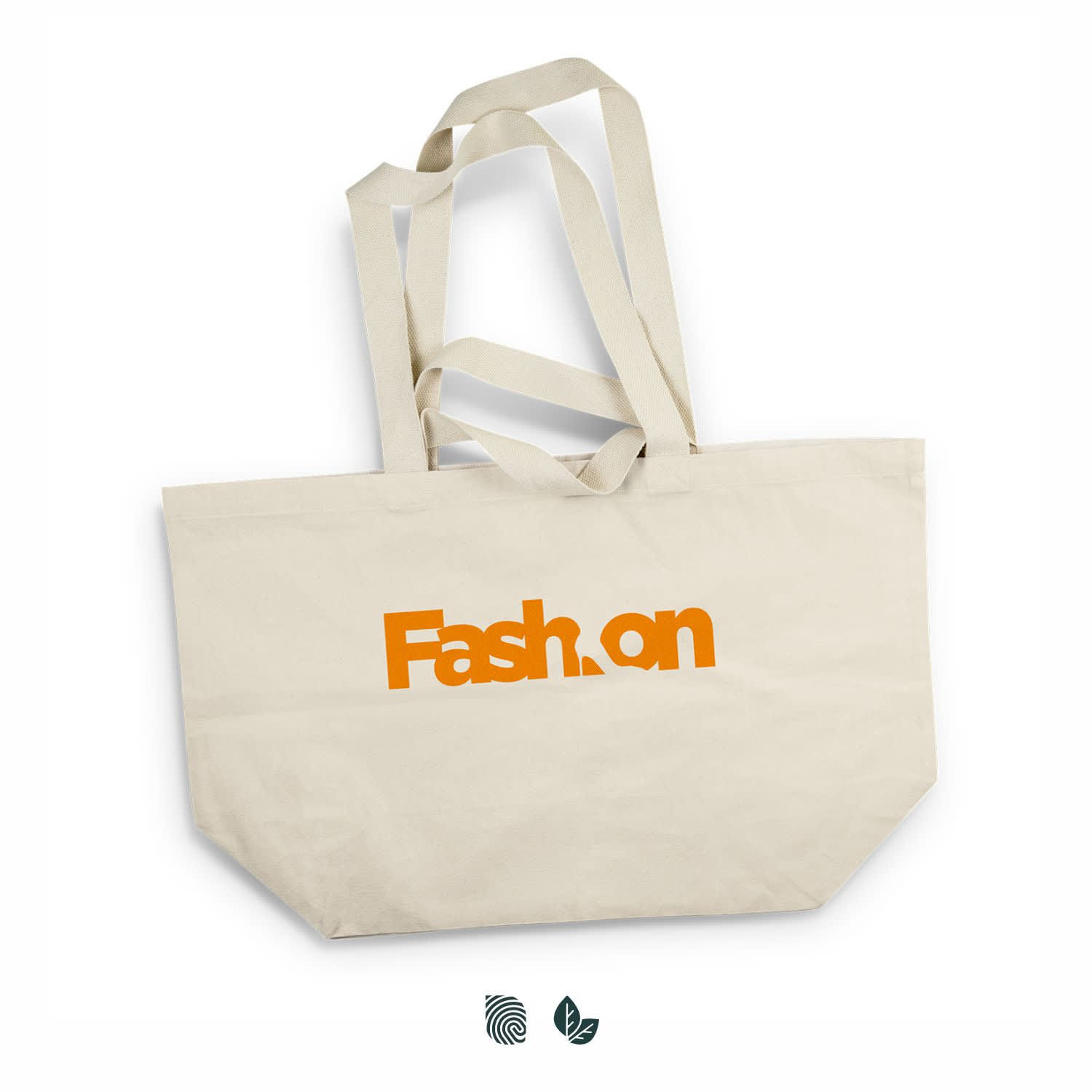 A large beige tote bag with orange branding and two sturdy handles. Features a logo on one side. Goliath Tote Bag - Image 1
