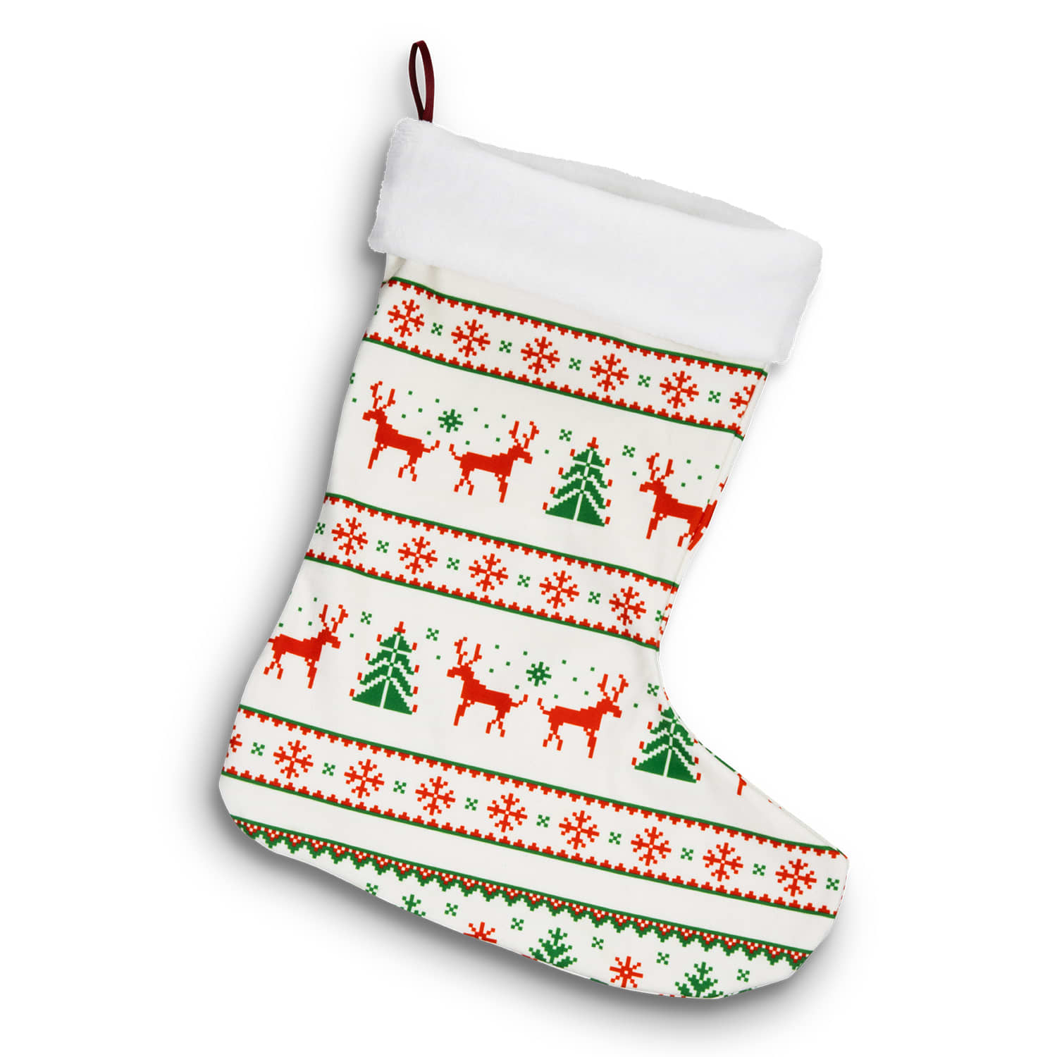 A white Christmas stocking featuring red reindeer and green trees, accented with festive snowflakes and a fluffy top. Full Colour Christmas Stocking - Image 1