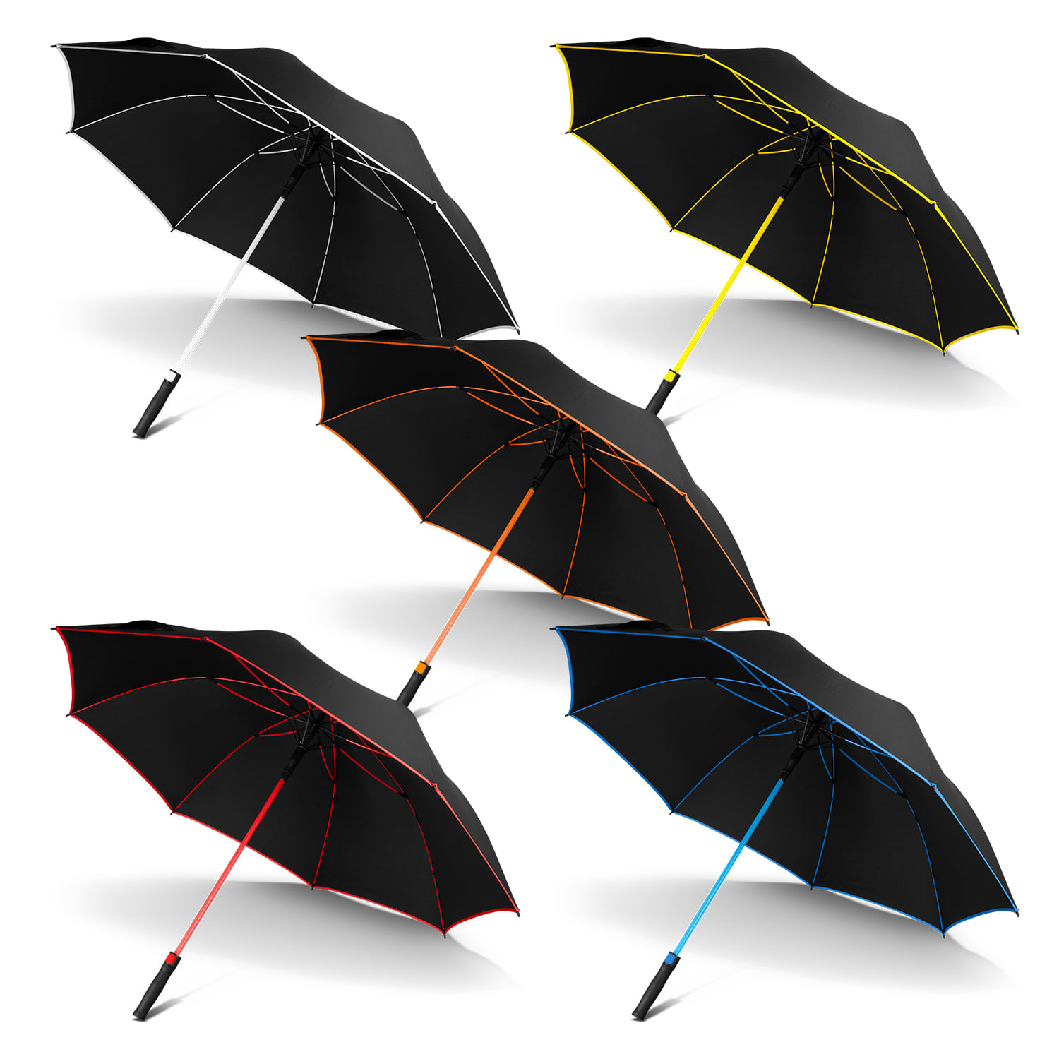 A collection of black umbrellas with coloured accents in orange, red, blue, and yellow. Each umbrella has a branding logo. Monsoon Umbrella - Image 1