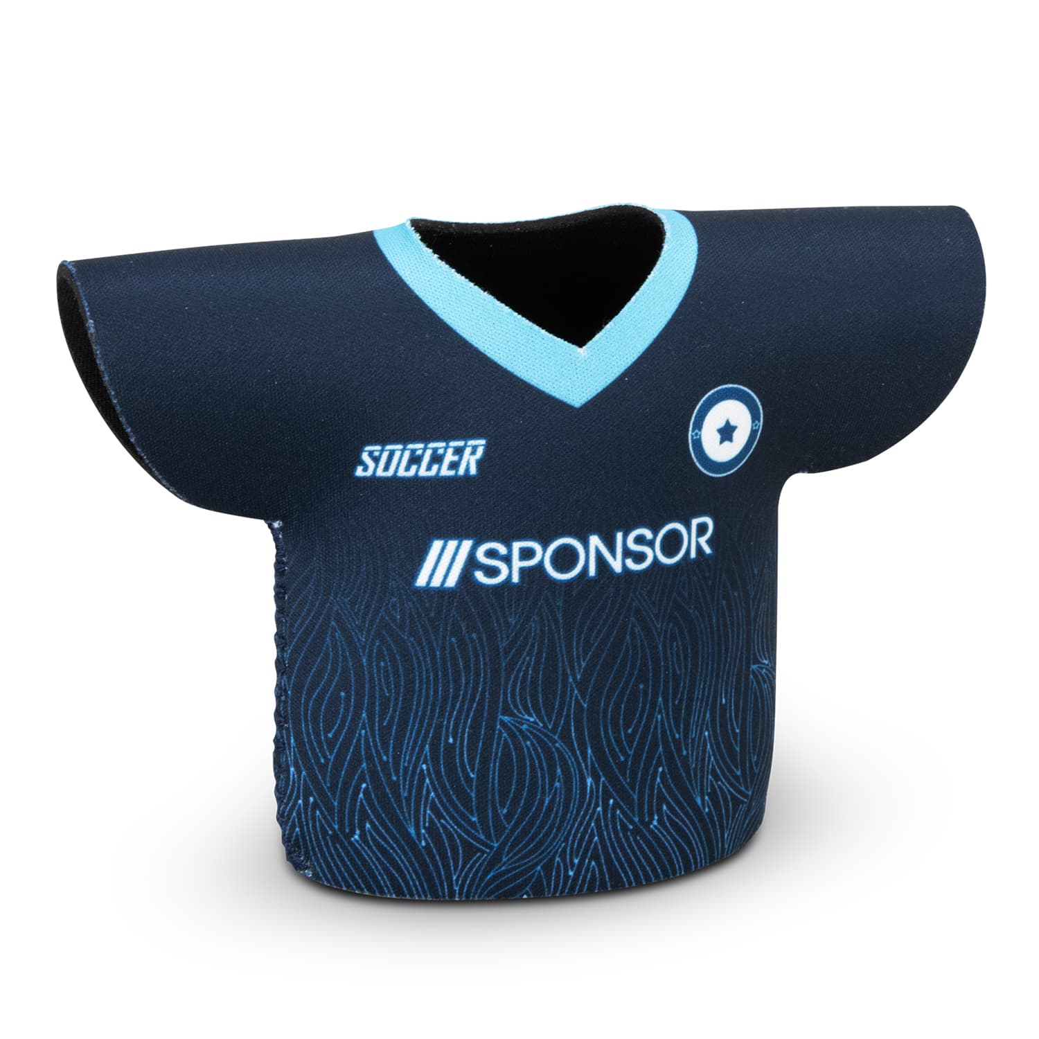 A drink can cooler designed to resemble a soccer jersey, featuring a navy blue colour with light blue accents. Jersey Can Cooler - Image 1