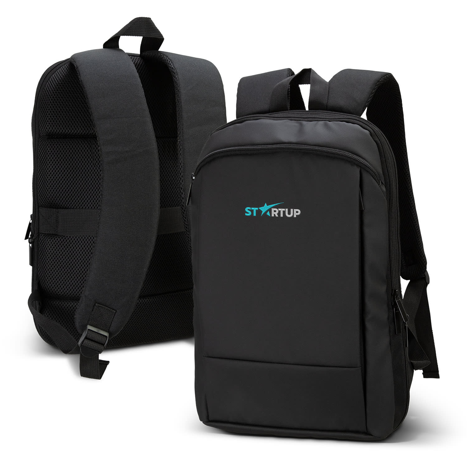 A black Kaden Soft Touch Backpack with padded straps and a sleek design, featuring a logo on the front. Kaden Soft-Touch Backpack - Image 1