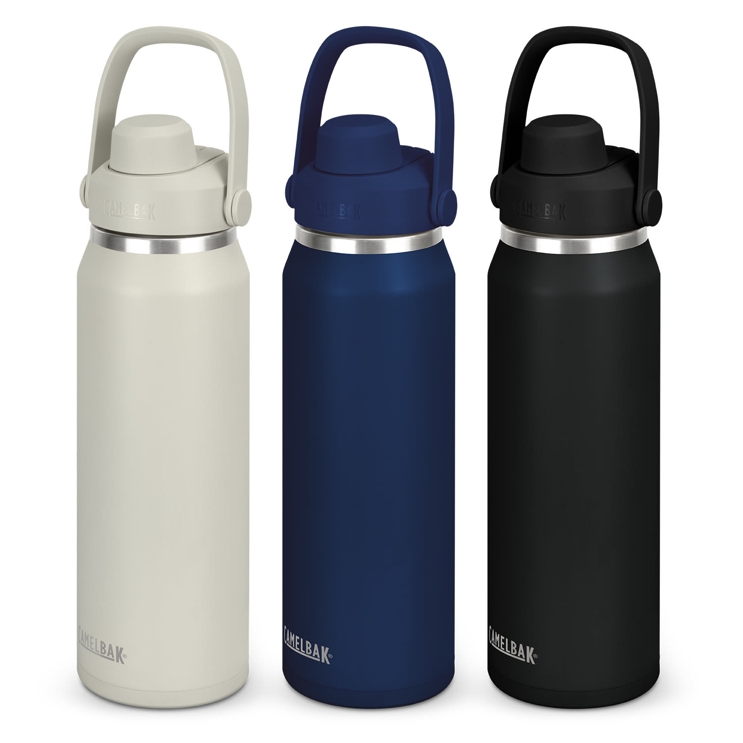 A drink bottle set featuring three colours: white, navy blue, and black. Each has a handle and a sleek design. CamelBak Thrive Chug Vacuum Bottle - 1L - Image 1