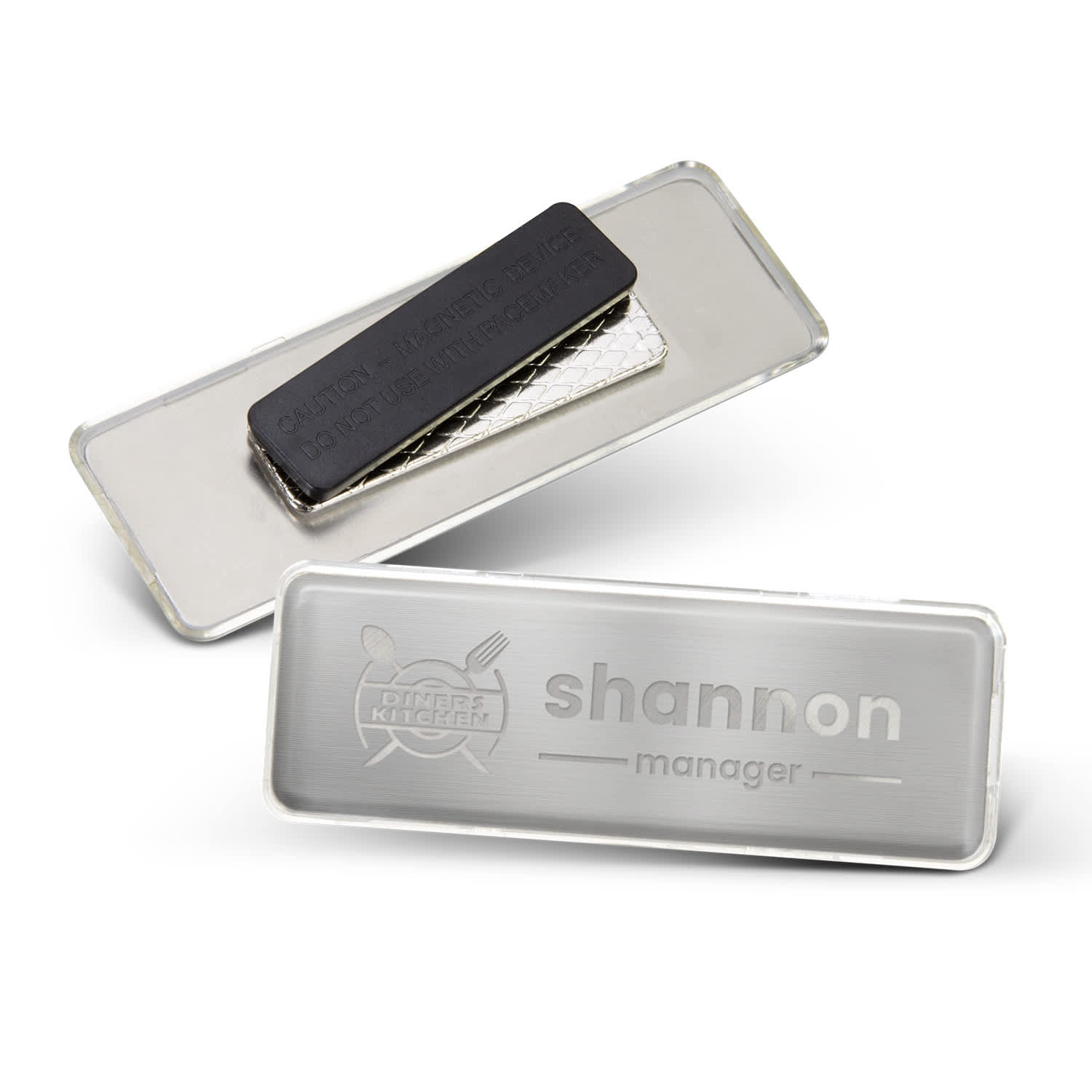A metal name badge in silver, featuring a black magnetic backing and an engraved name plate. Metal Name Badge - Image 1