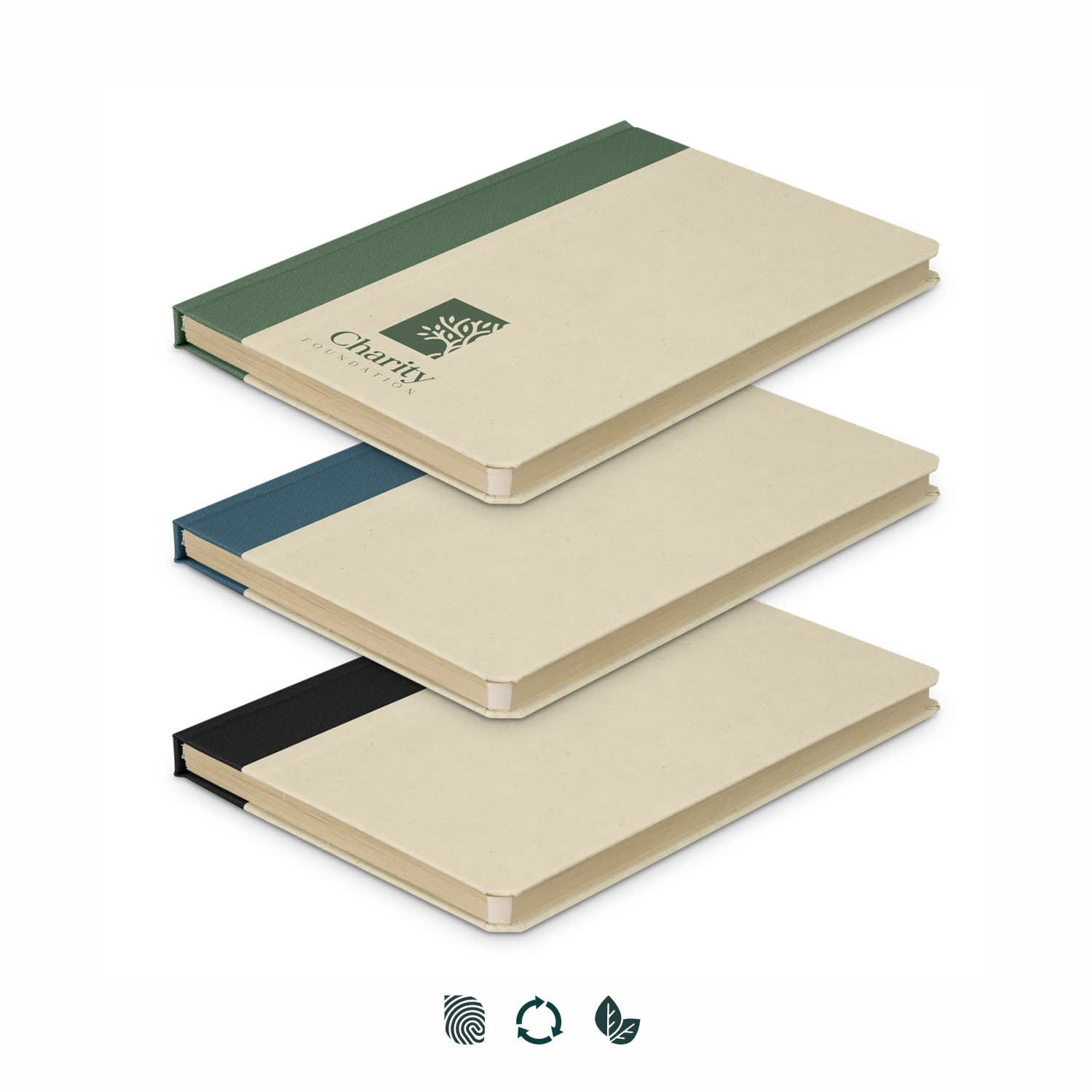 A notebook set featuring a cream cover with green, navy, and black accents, and a brand logo on one item. Paulo Sugarcane Notebook - Image 1