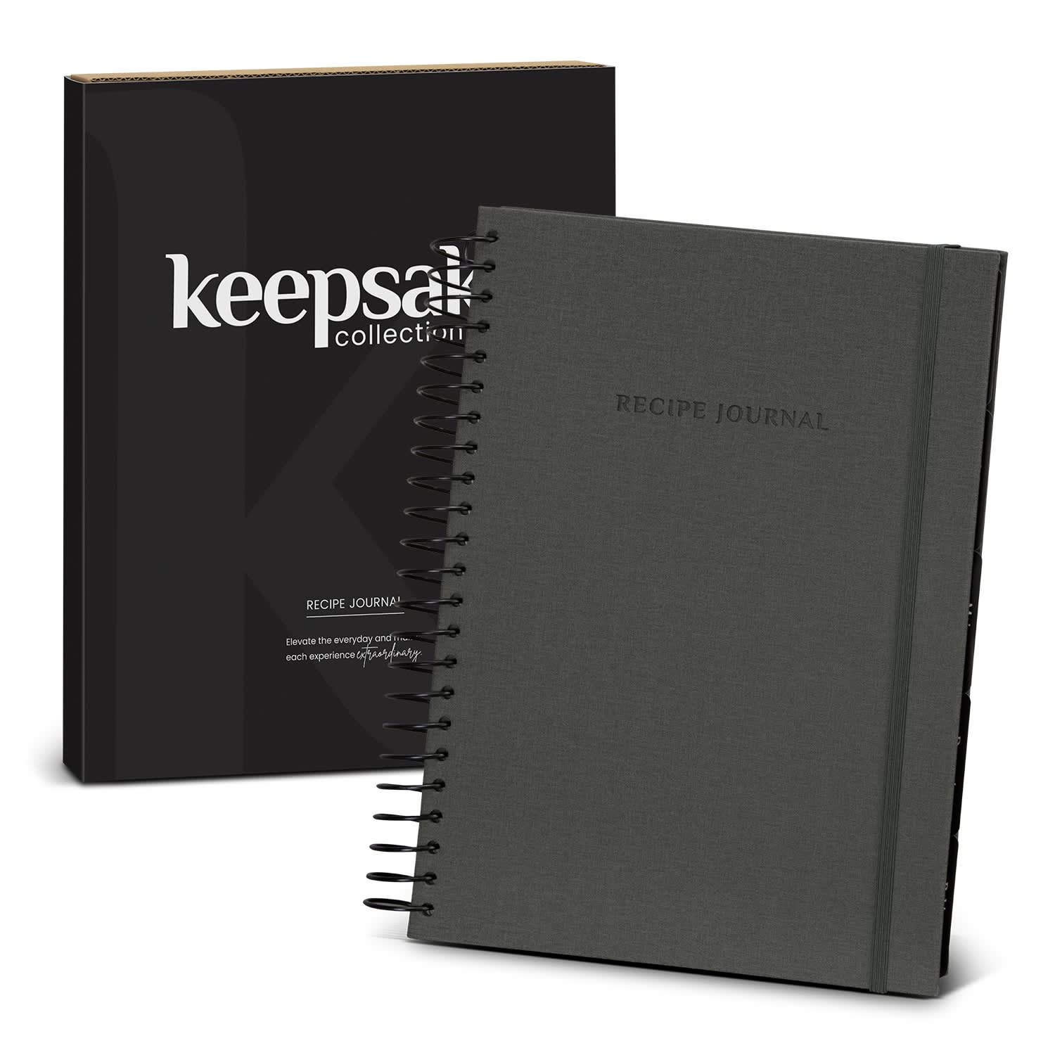 A black keepsake recipe journal with a spiral binding and a matching black box. The journal features a simple design. Keepsake Recipe Journal - Image 1