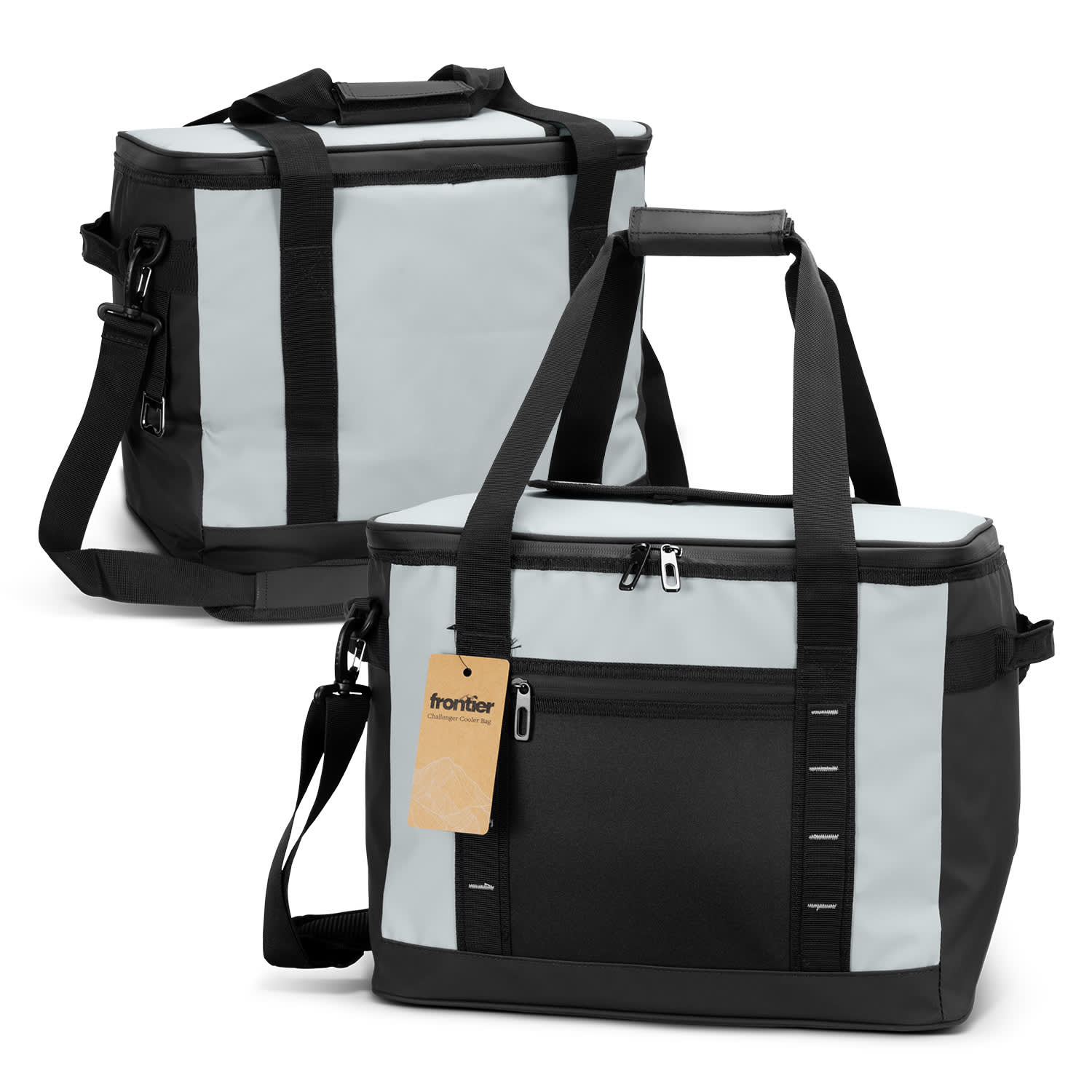 A cooler bag in light blue and black, featuring a shoulder strap, handles, and zippered compartments. Frontier Challenger Cooler Bag - Image 1