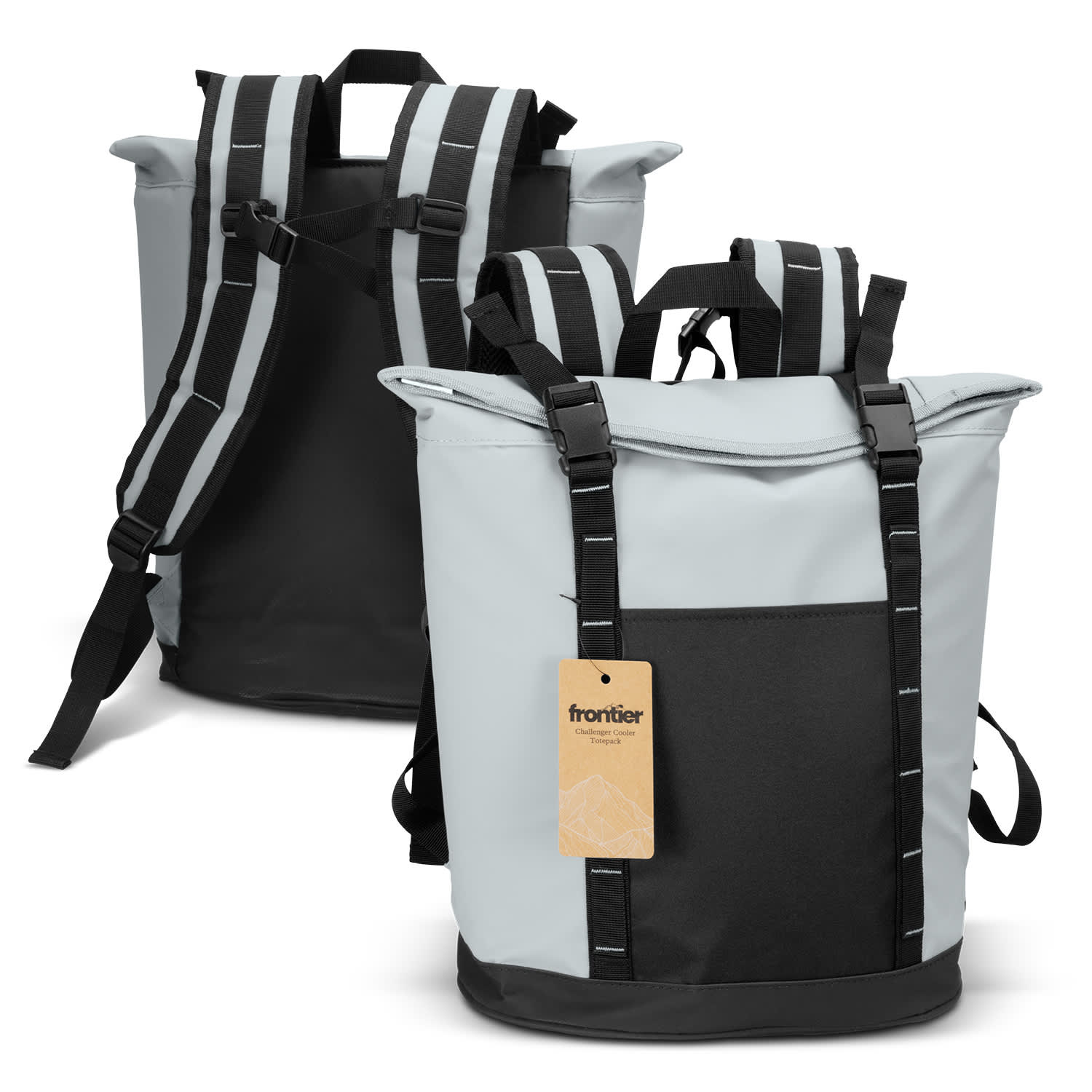 A cool grey and black cooler totpack with adjustable straps and a top handle, featuring a logo. Frontier Challenger Cooler Totepack - Image 1