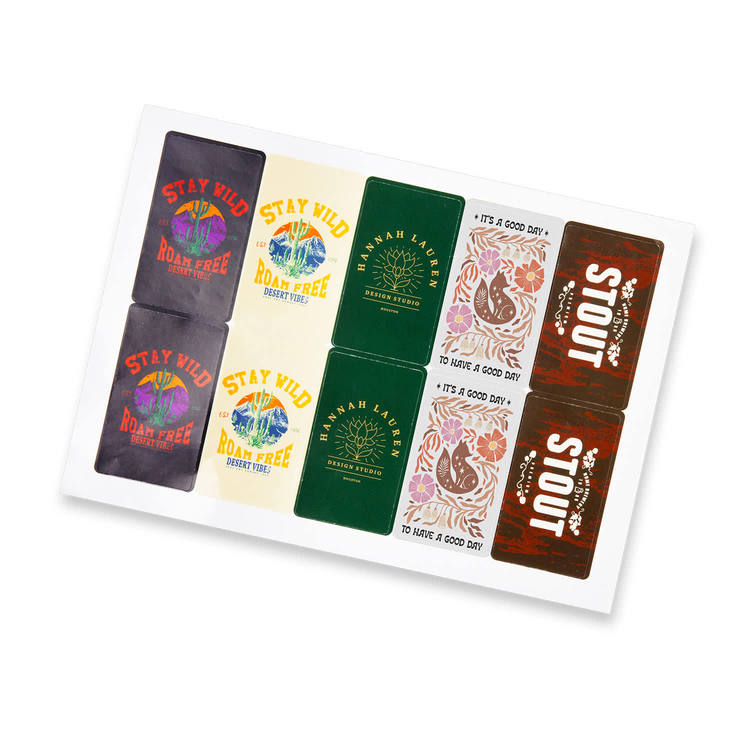 A sticker sheet featuring various designs in vibrant colours, including green, yellow, and red, with multiple logos. Sticker Sheet 88 x 50mm Rectangle - Gloss - Image 1