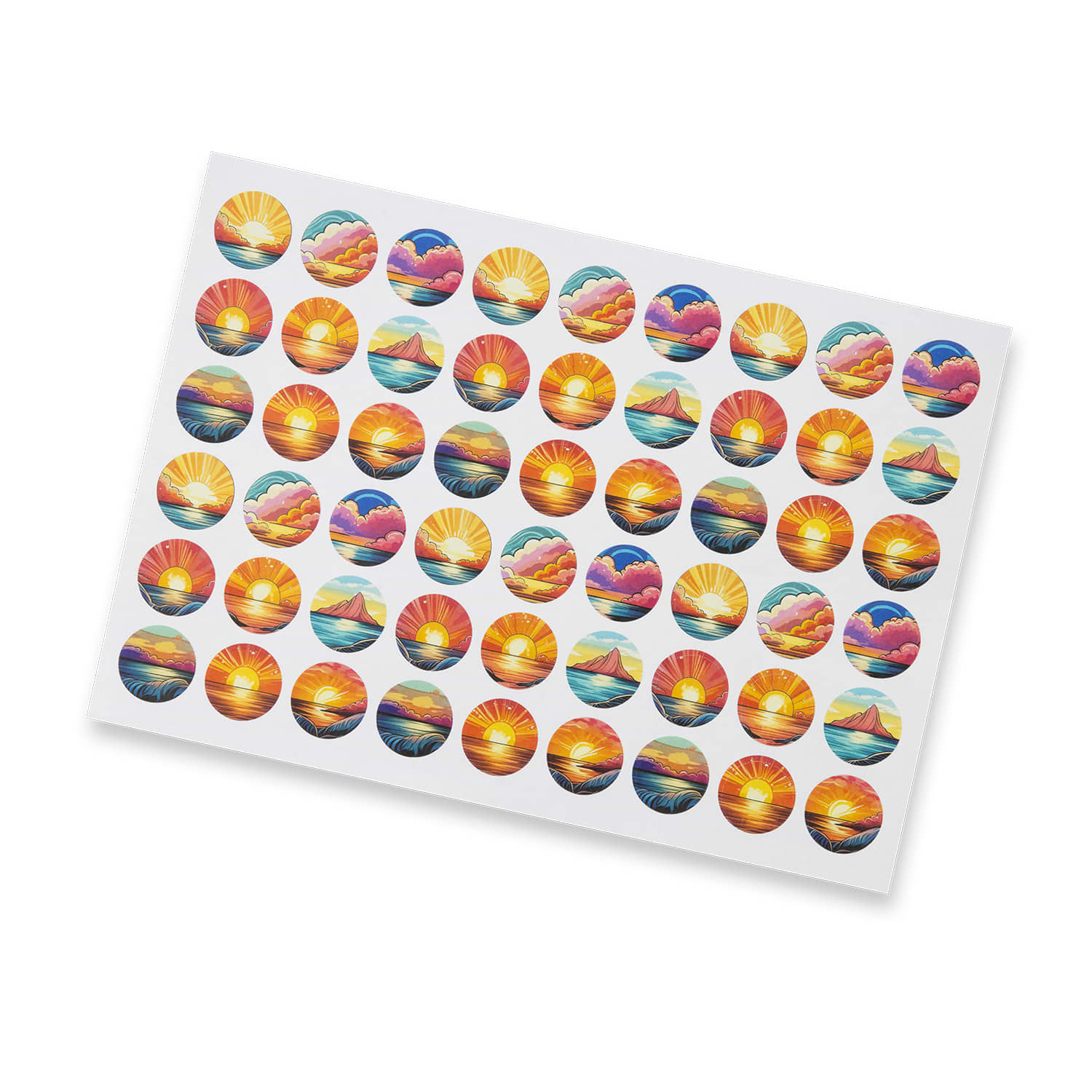 A sticker sheet featuring 26mm circle stickers with images of sunrises and sunsets in various colours. Sticker Sheet 26mm Circle - Matte - Image 1