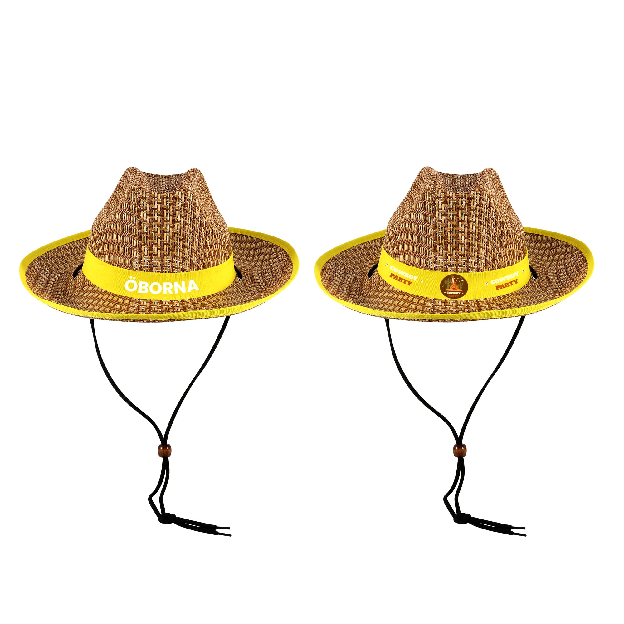 A Western straw hat featuring a woven design, yellow trim, and a chin strap with wooden beads. It has a logo. Western Straw Hat - Image 1