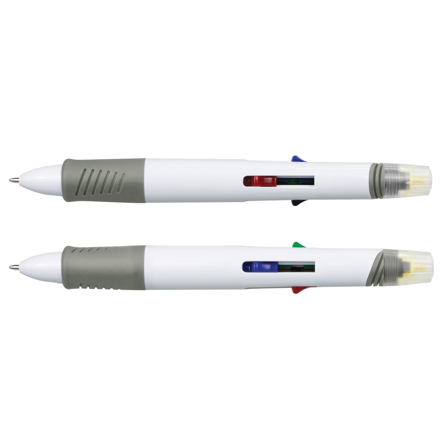 A set of two Tetra Highlighter Pens in white and grey, featuring red, blue, and green highlight colours. Each pen has a logo. Tetra Highlighter Pen - Image 1