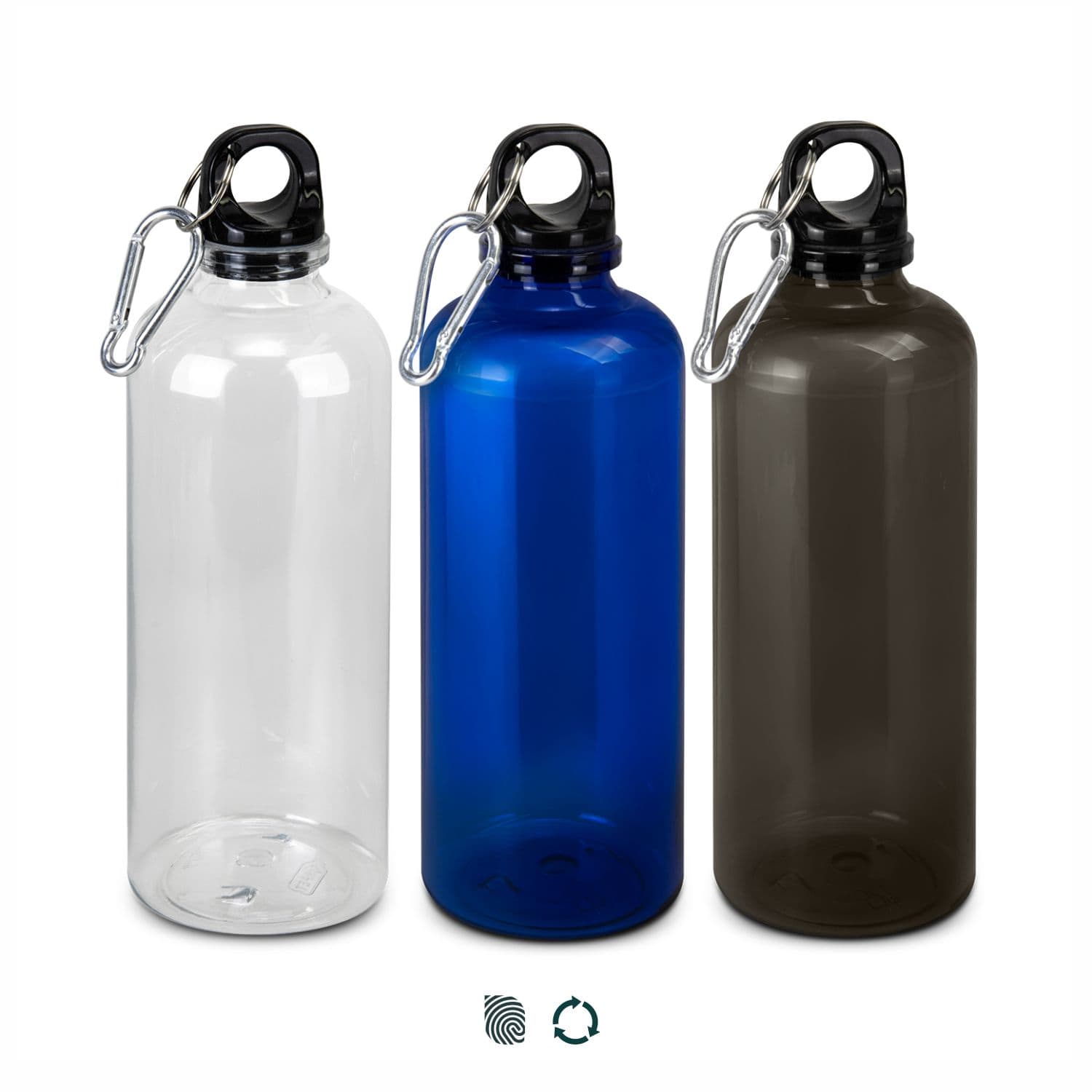 A drink bottle in clear, blue, and dark grey, featuring a black cap and a carabiner clip with branding. Rivia RPET Bottle - Image 1