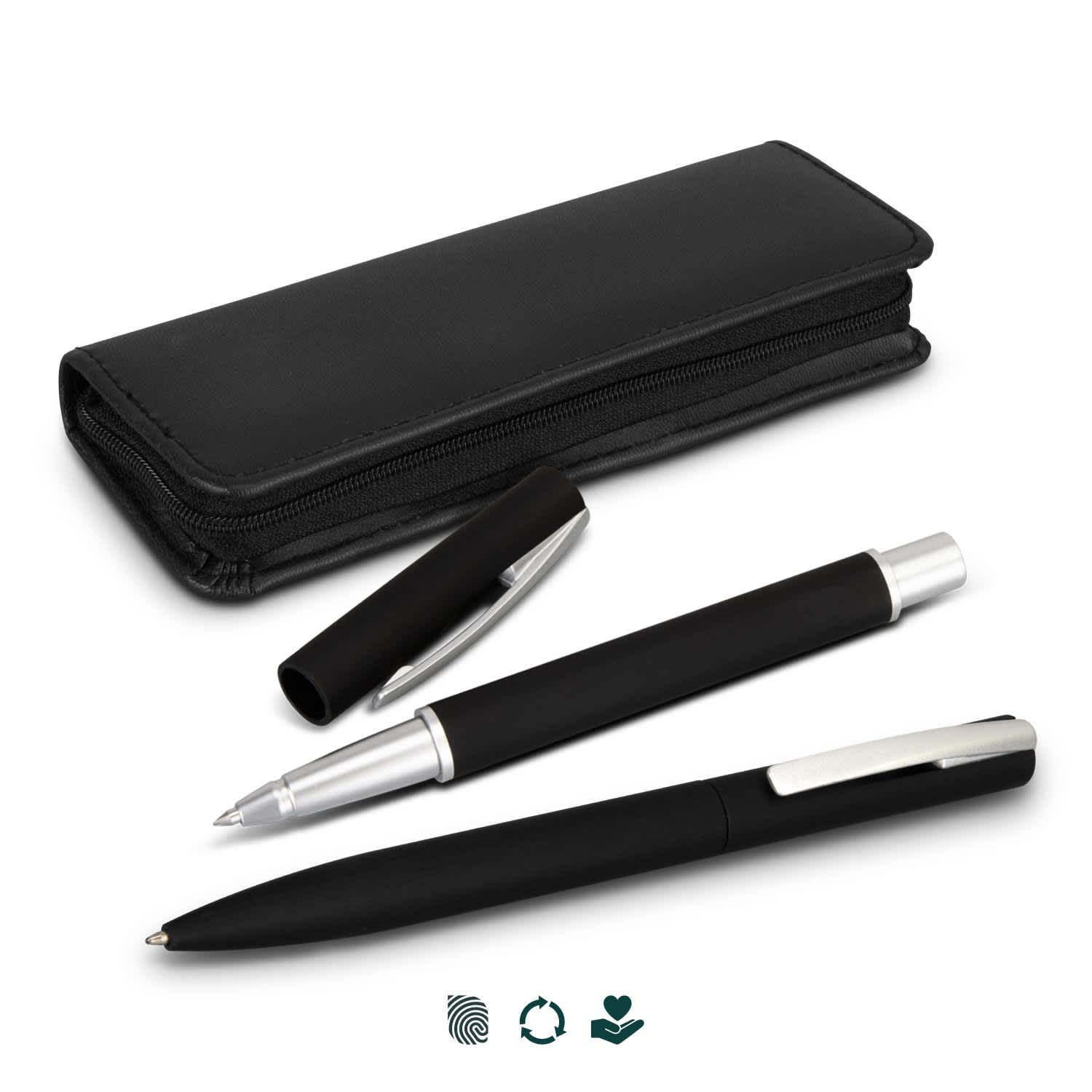 A black pen set with a sleek design, including a pencil, ballpoint pen, and a zippered case. SPICE Lyd Gift Set - Image 1